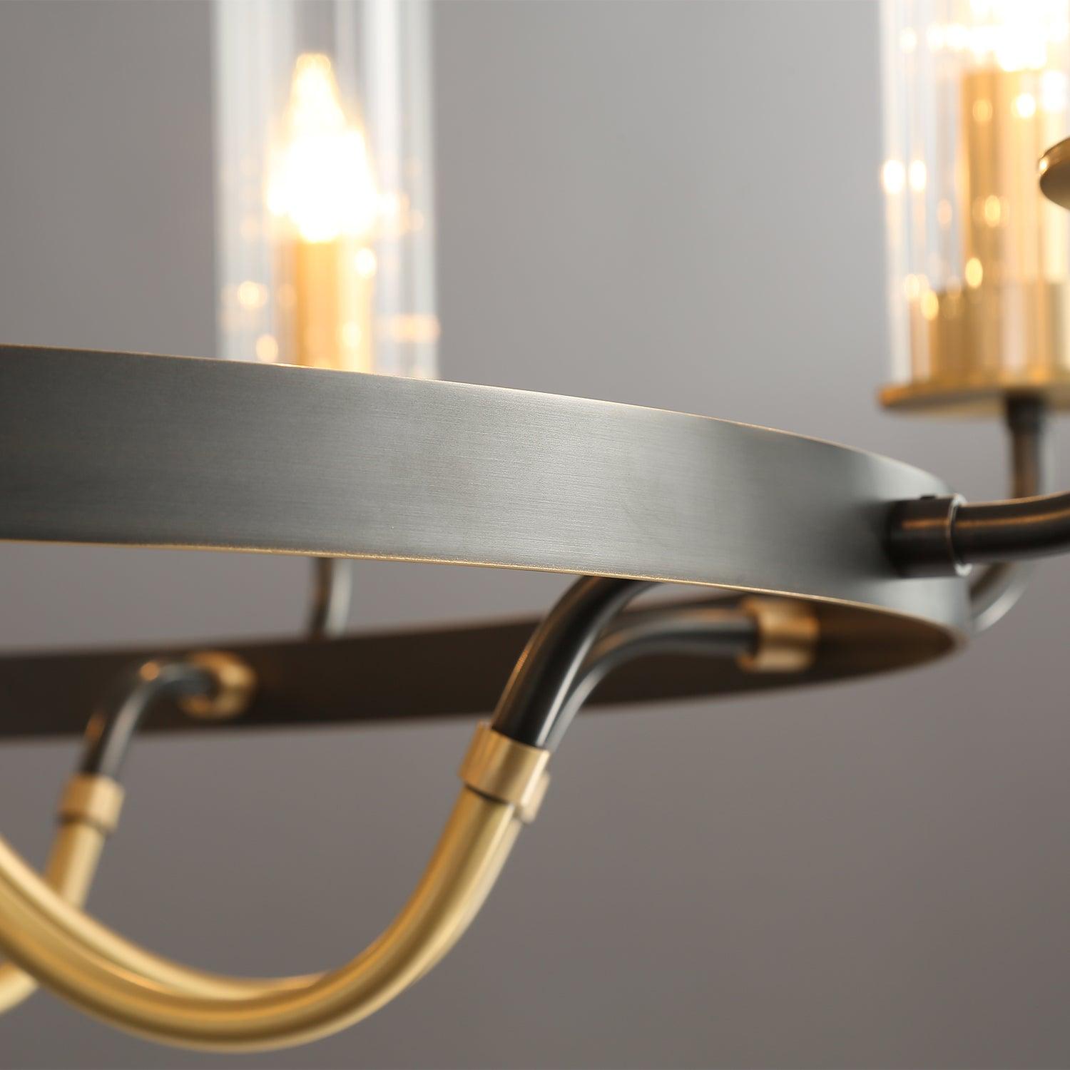 Chandelier Black Round Frame Brass Arms Ribbed Glass - Letslighting