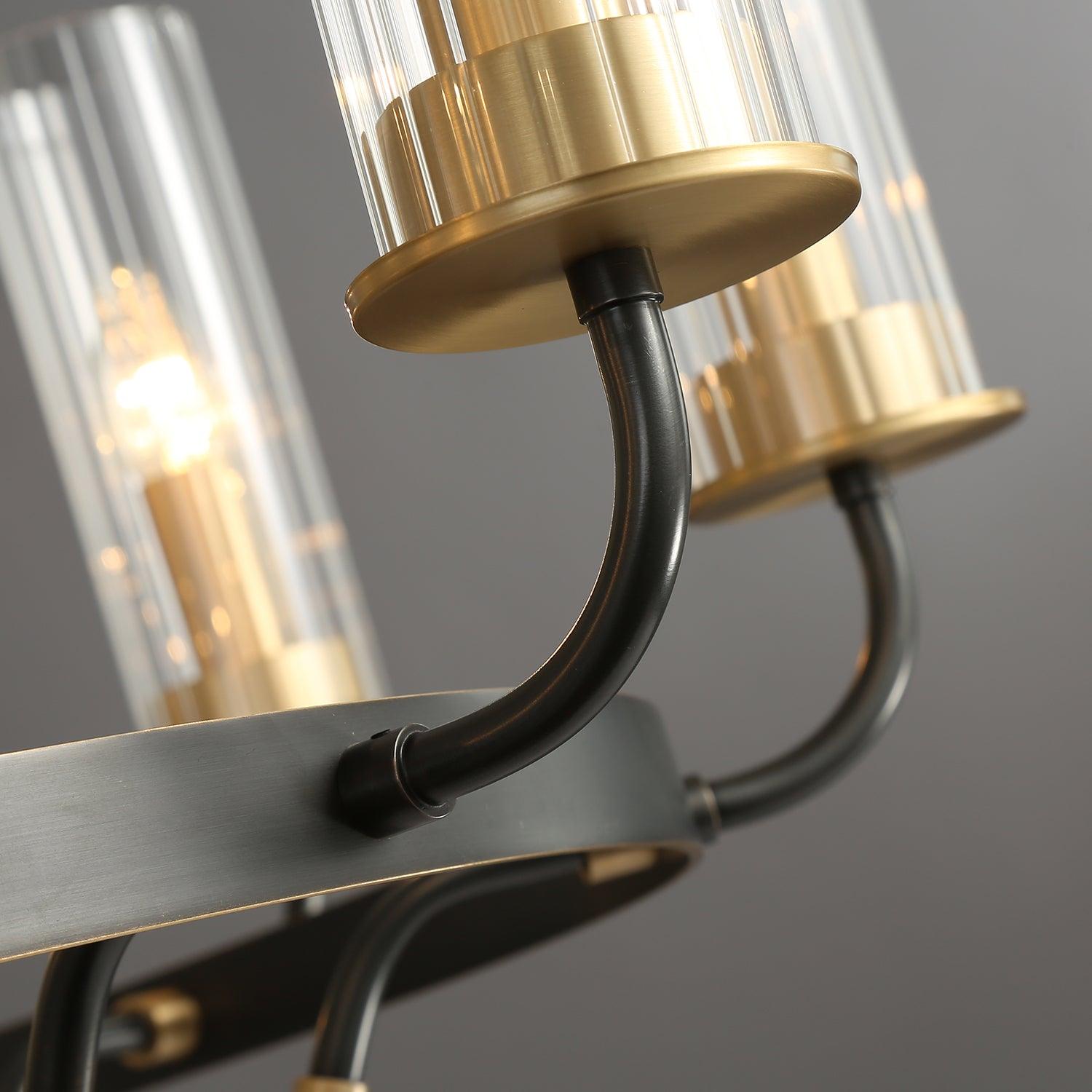 Chandelier Black Round Frame Brass Arms Ribbed Glass - Letslighting