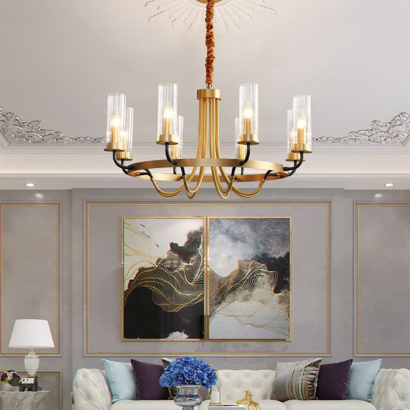 Chandelier Black Round Frame Brass Arms Ribbed Glass - Letslighting