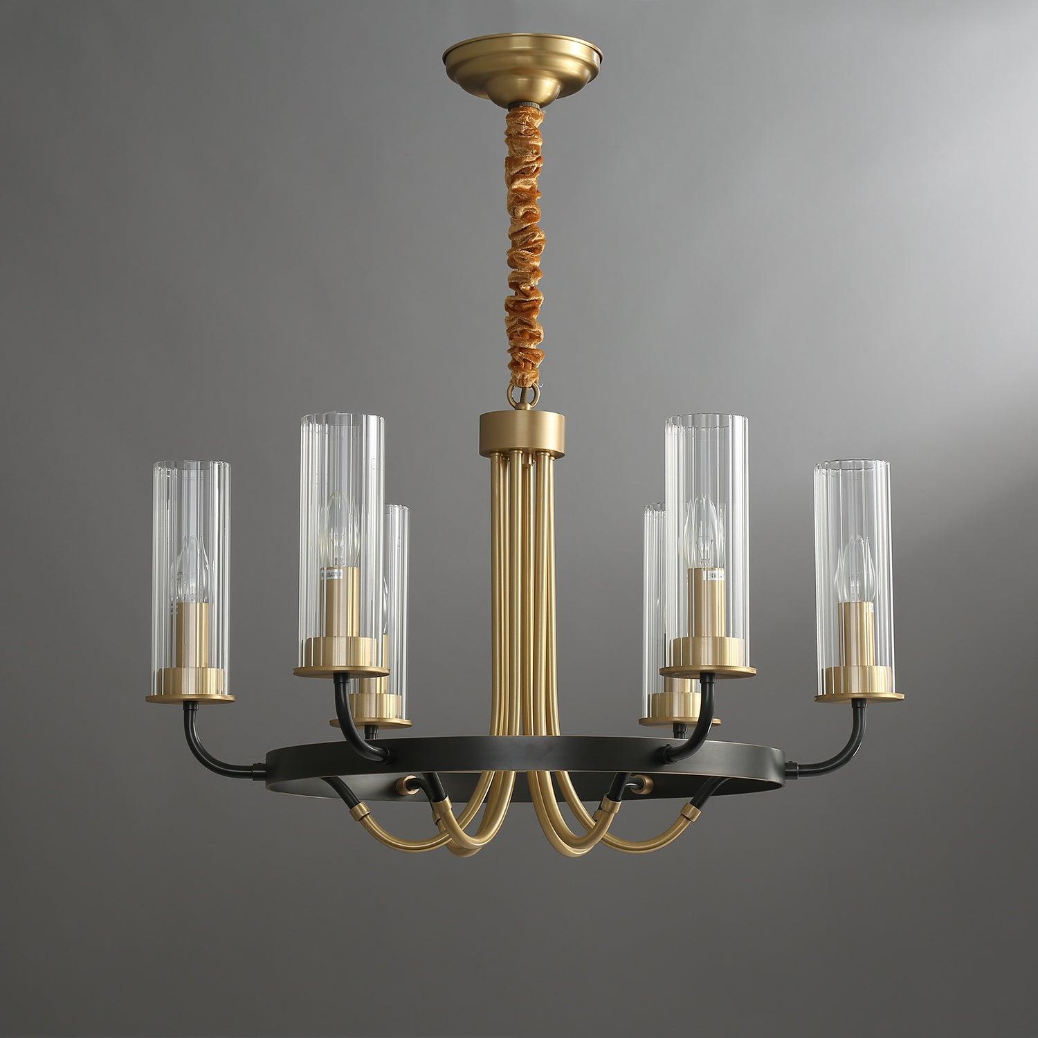 Chandelier Black Round Frame Brass Arms Ribbed Glass - Letslighting