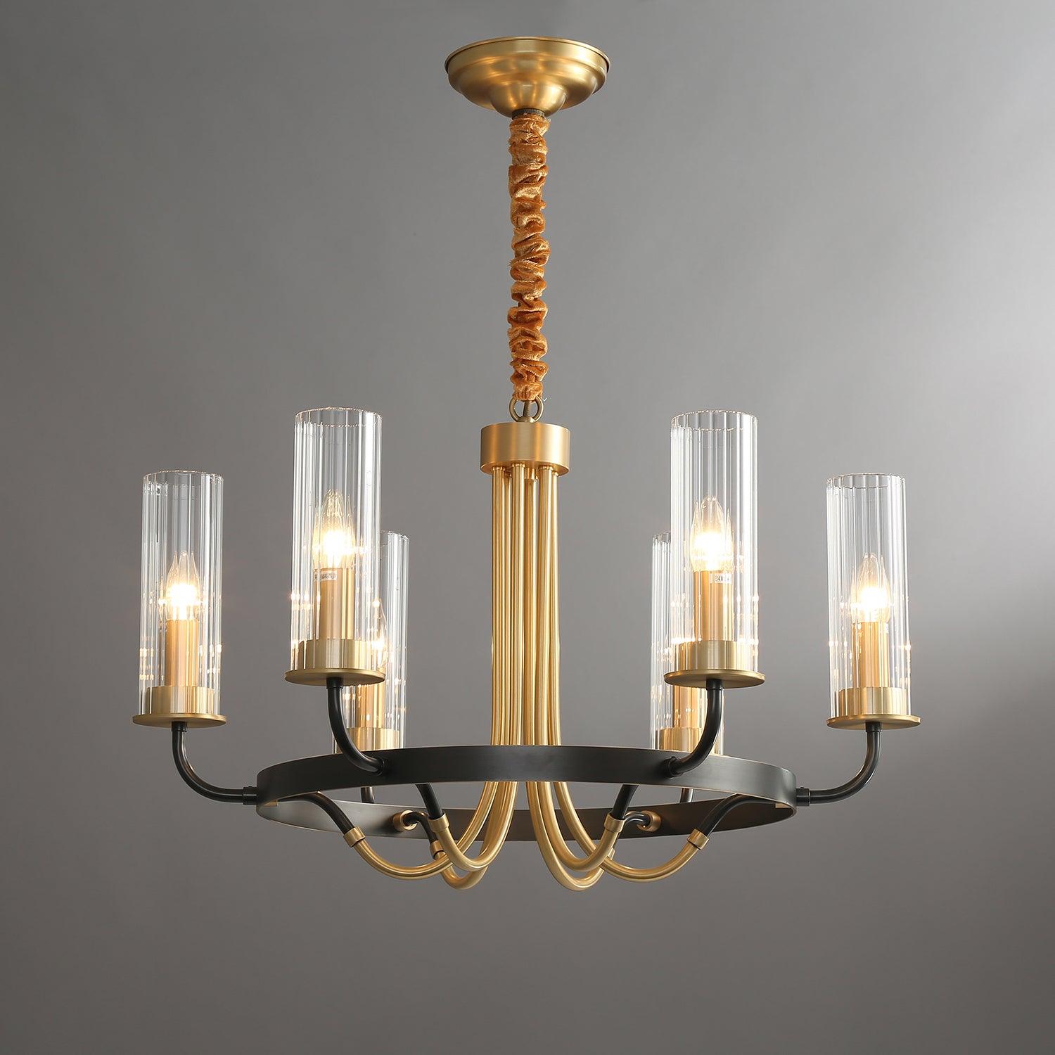 Chandelier Black Round Frame Brass Arms Ribbed Glass - Letslighting