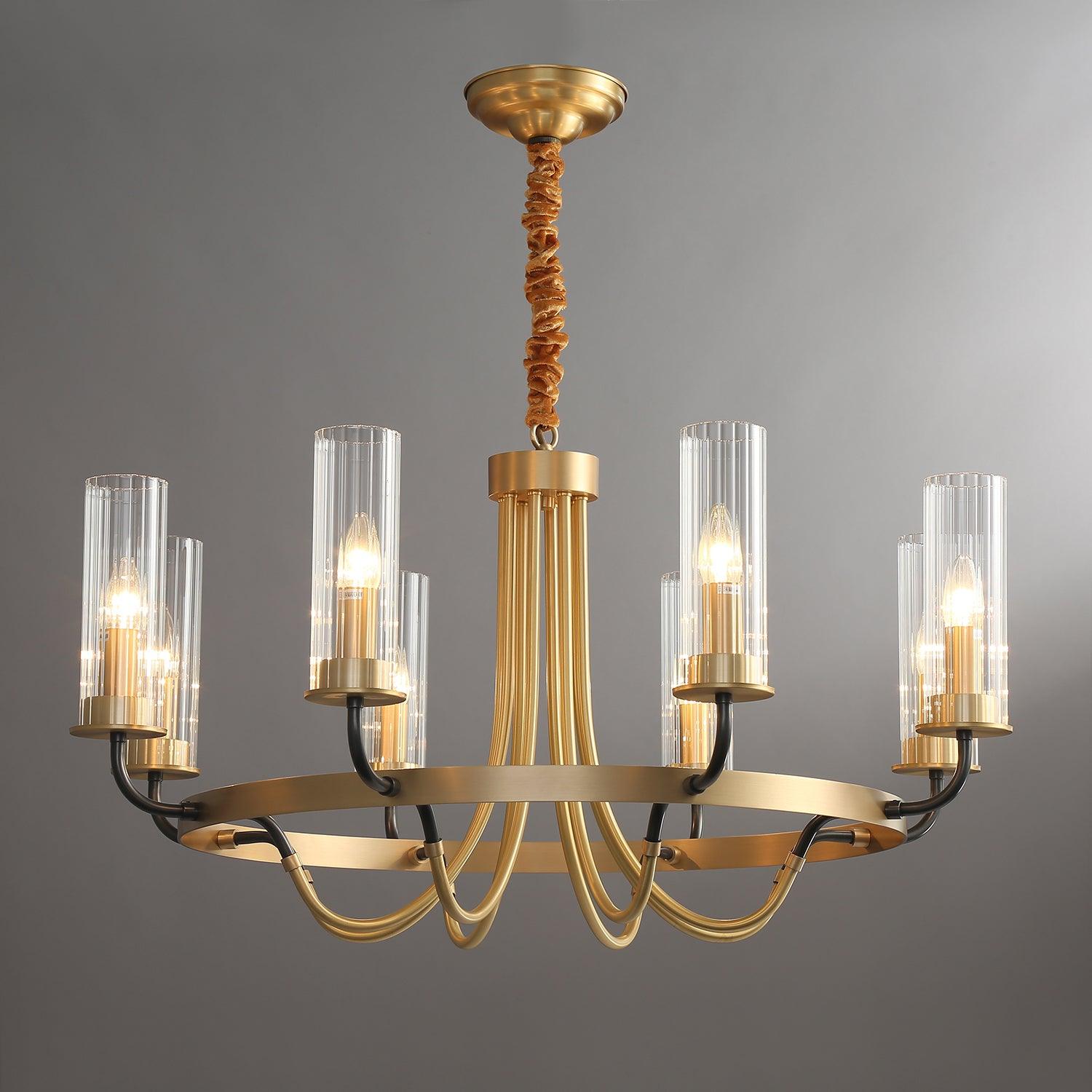 Chandelier Black Round Frame Brass Arms Ribbed Glass - Letslighting