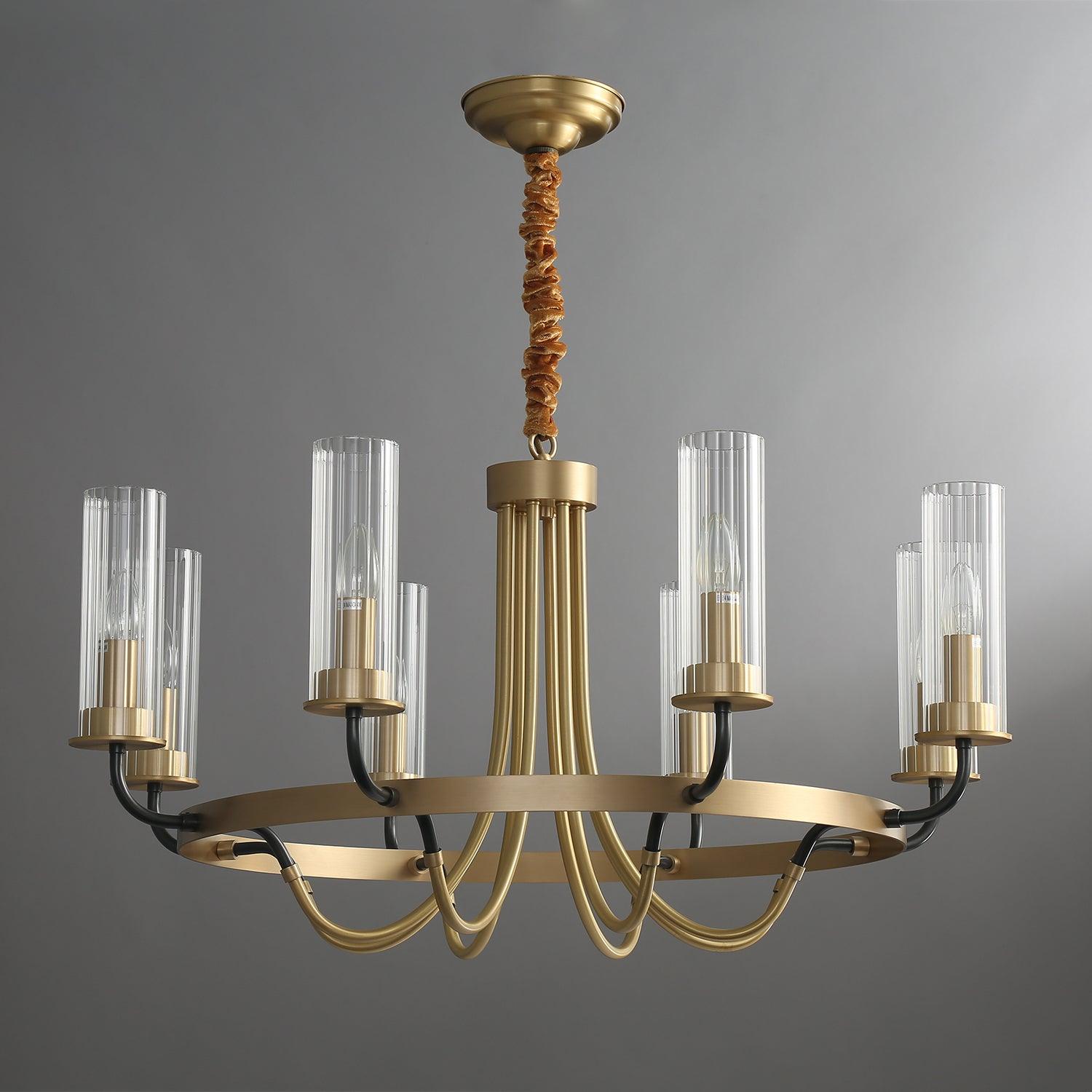 Chandelier Black Round Frame Brass Arms Ribbed Glass - Letslighting
