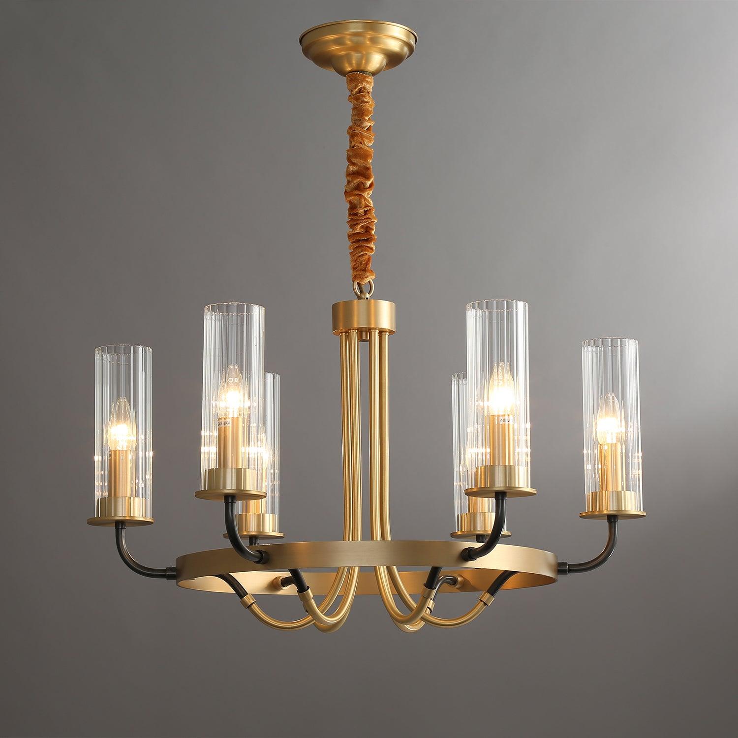 Chandelier Black Round Frame Brass Arms Ribbed Glass - Letslighting