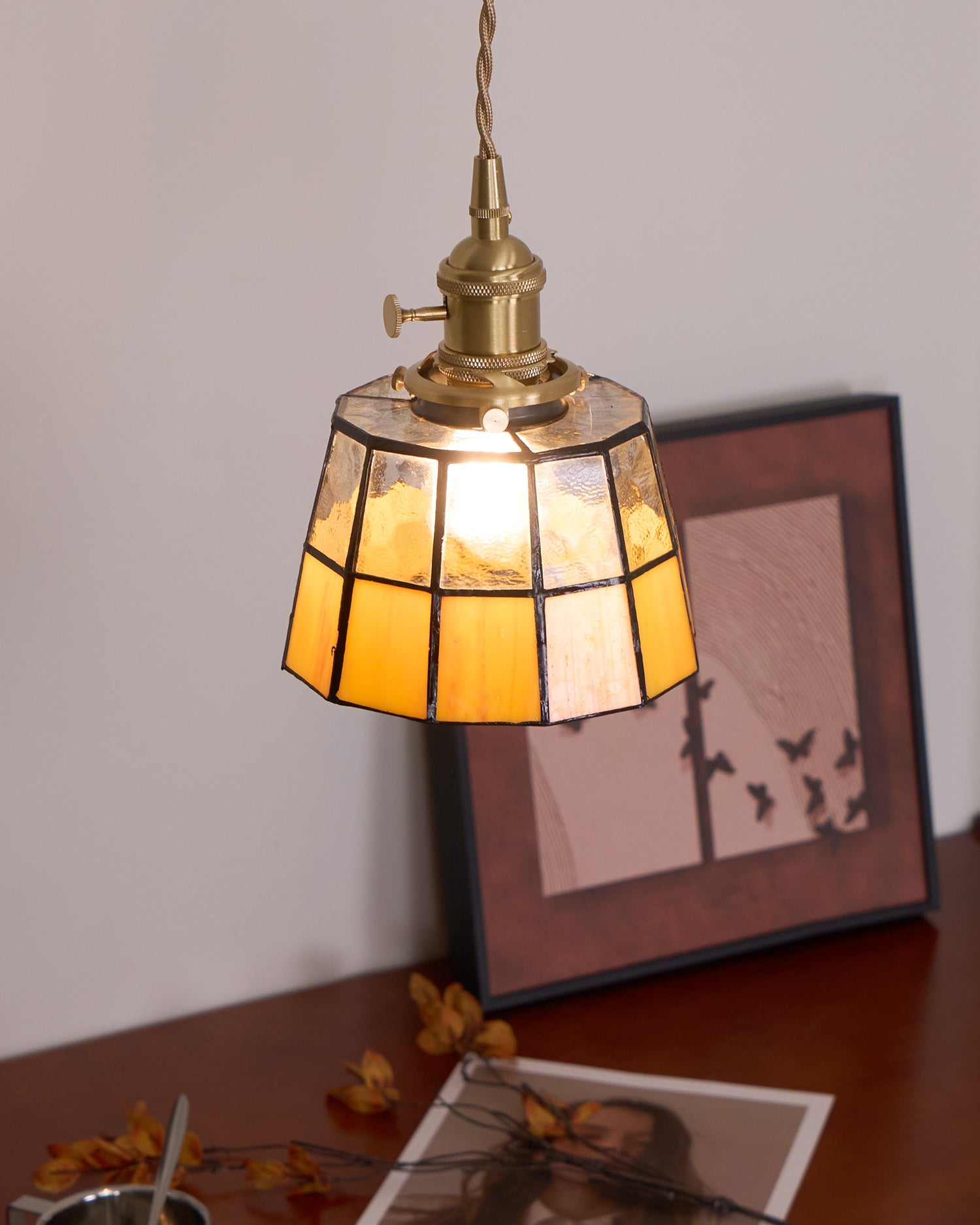 Pendant Lamp Stained Glass Shade Vintage Pattern Brass Retro - Letslighting