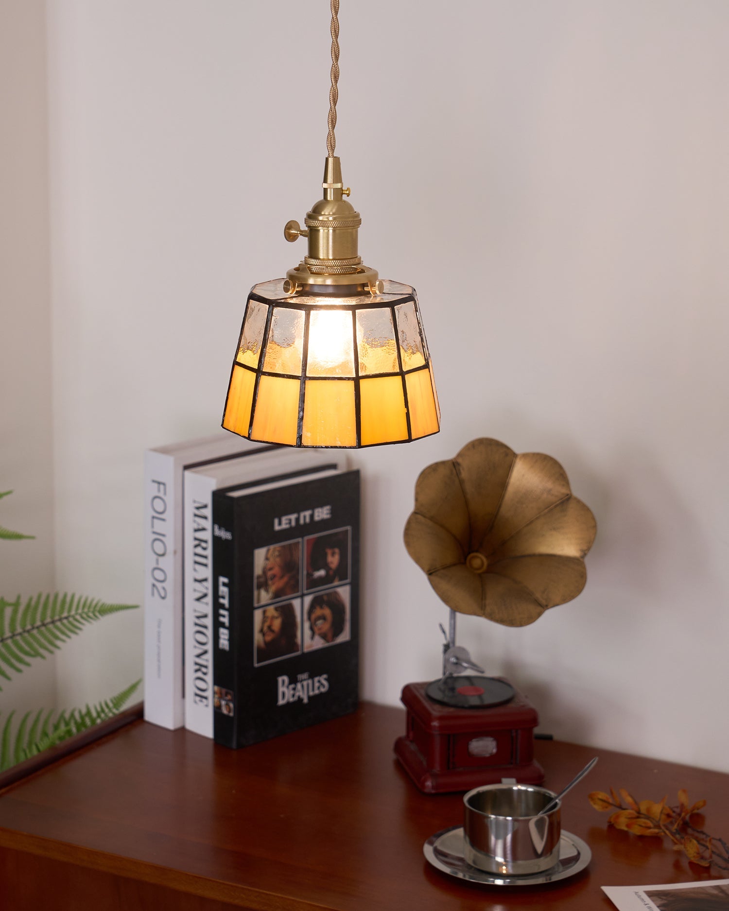 Pendant Lamp Stained Glass Shade Vintage Pattern Brass Retro - Letslighting