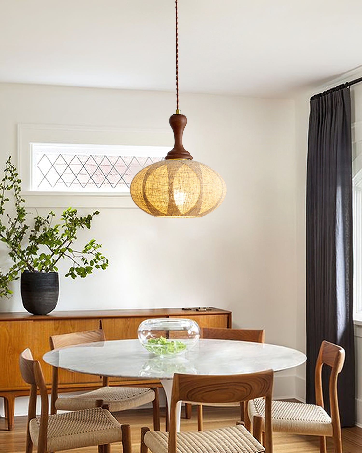 Kenso Pendant Lamp Fabric Spherical Wood Neck - Letslighting
