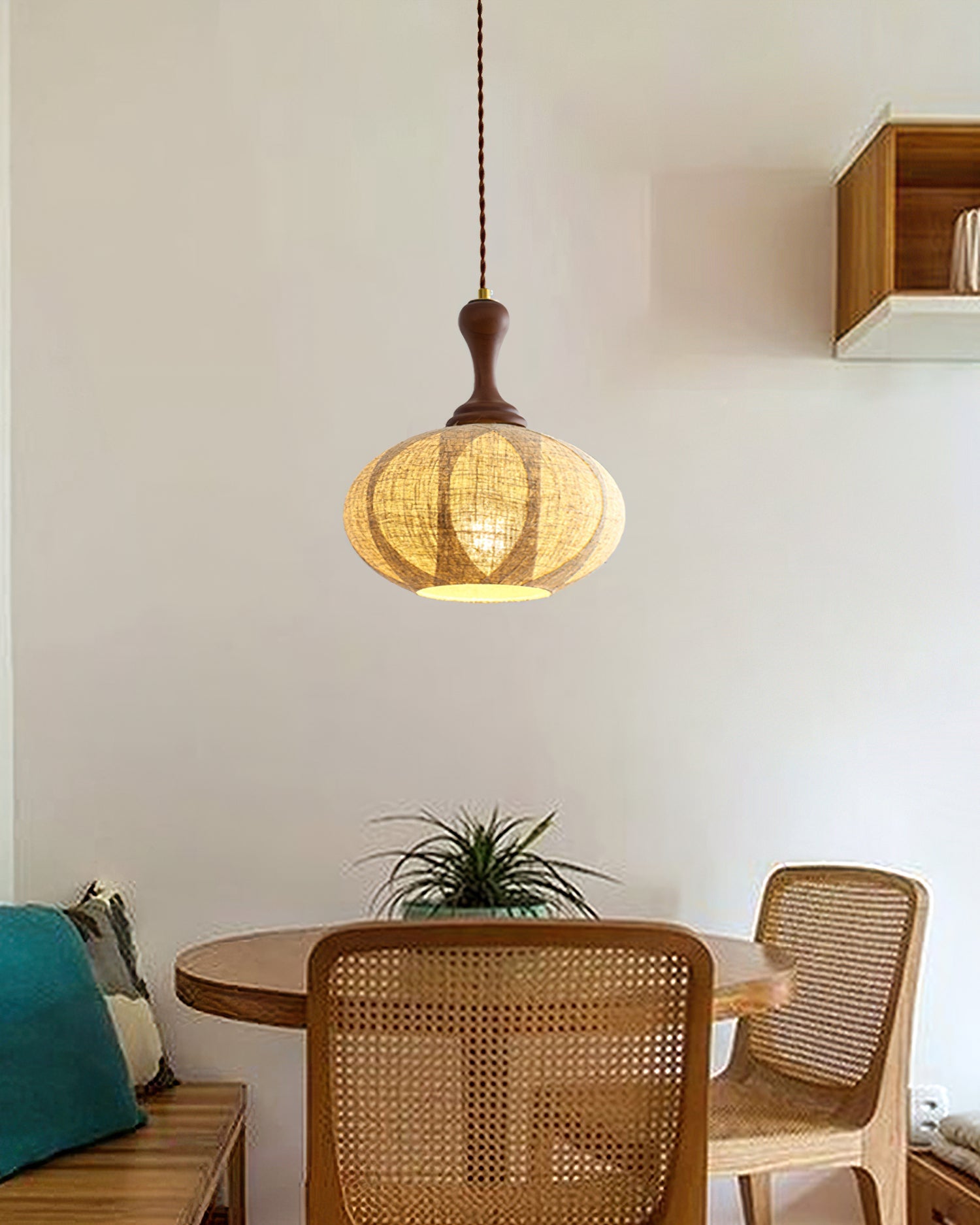 Kenso Pendant Lamp Fabric Spherical Wood Neck - Letslighting