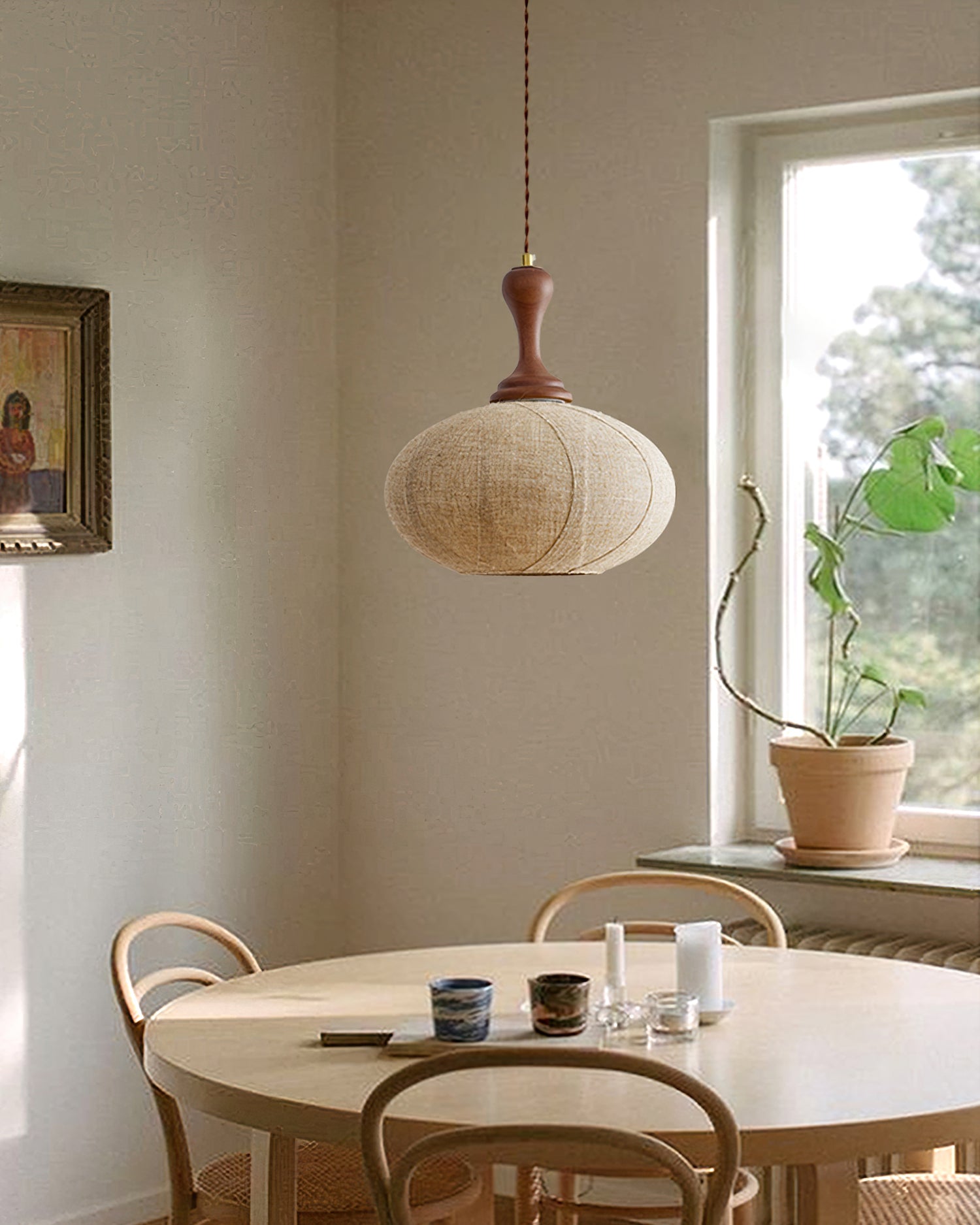 Kenso Pendant Lamp Fabric Spherical Wood Neck - Letslighting