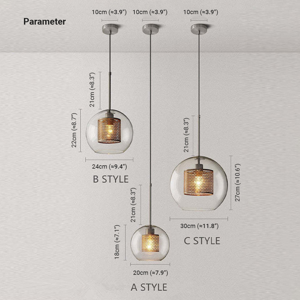 Arisha Contemporary Golden Pendant Light, Metal/Glass, Globe/Cylindric