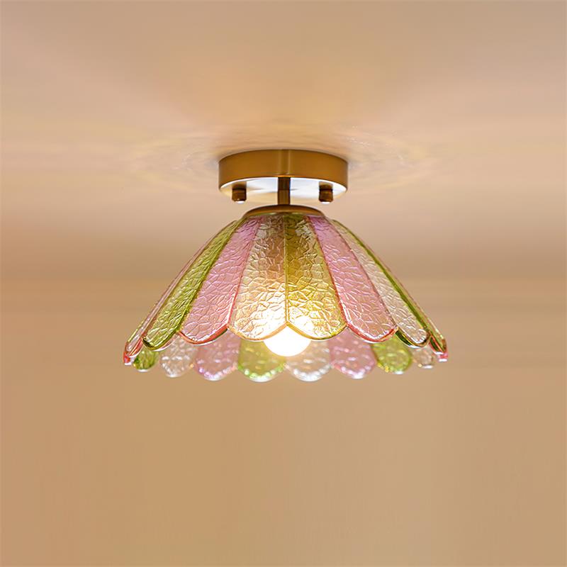 Ceiling Light Colorful Petal Glass Shade Gold Canopy Vintage Flush Mount - Letslighting
