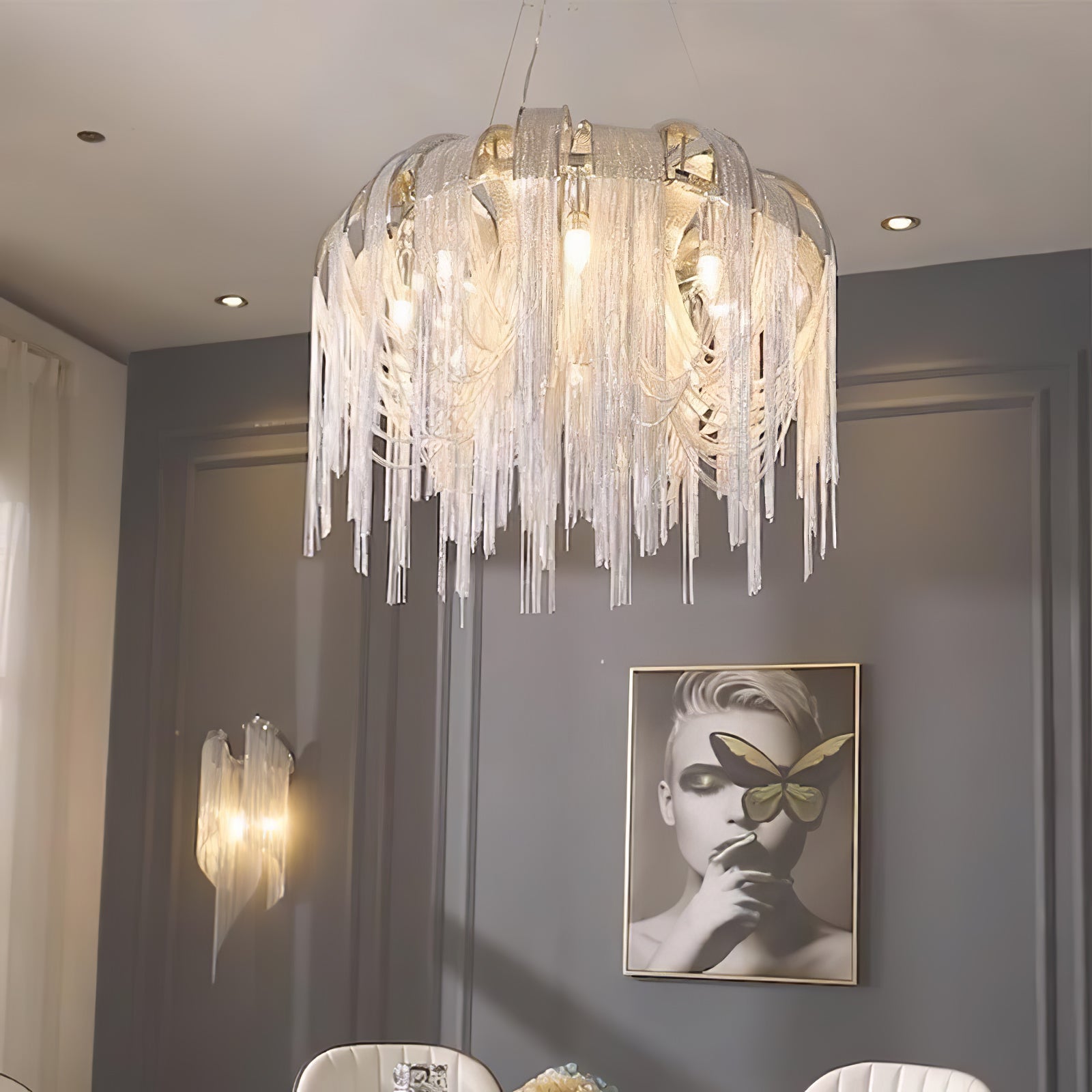 Lustra Chandelier Layered Chain Nickel Luxury - Letslighting