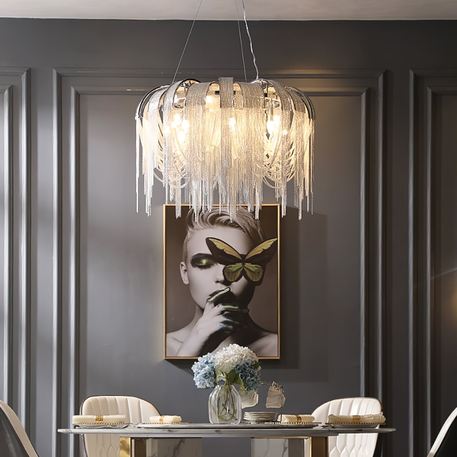 Lustra Chandelier Layered Chain Nickel Luxury - Letslighting
