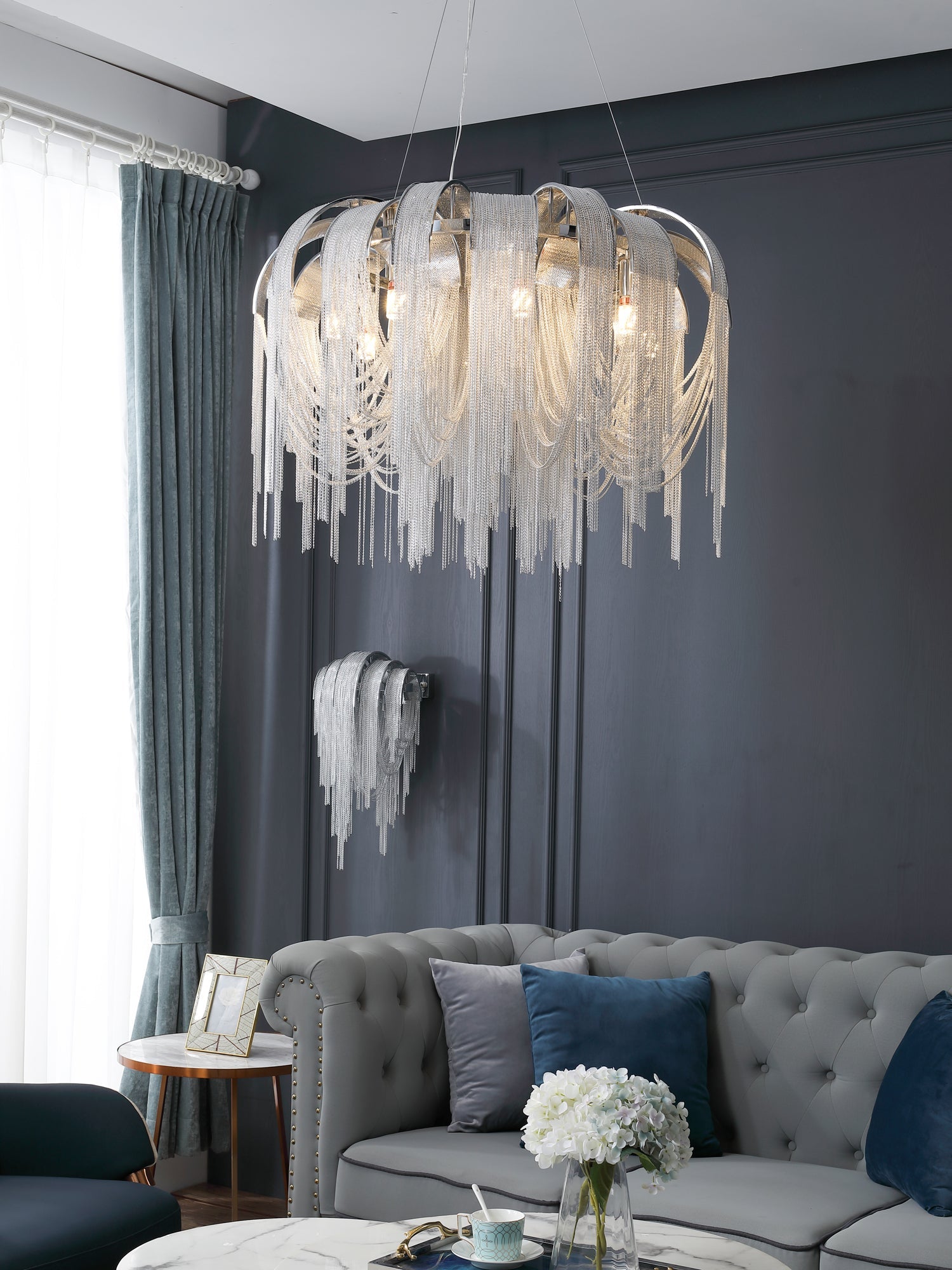 Lustra Chandelier Layered Chain Nickel Luxury - Letslighting