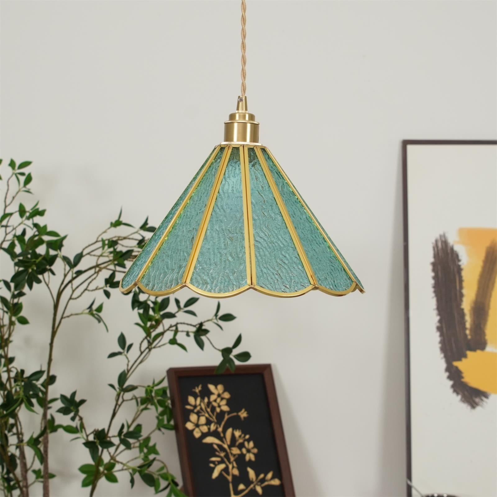 Pendant Lamp Textured Blue Glass Scalloped Brass Art Nouveau - Letslighting