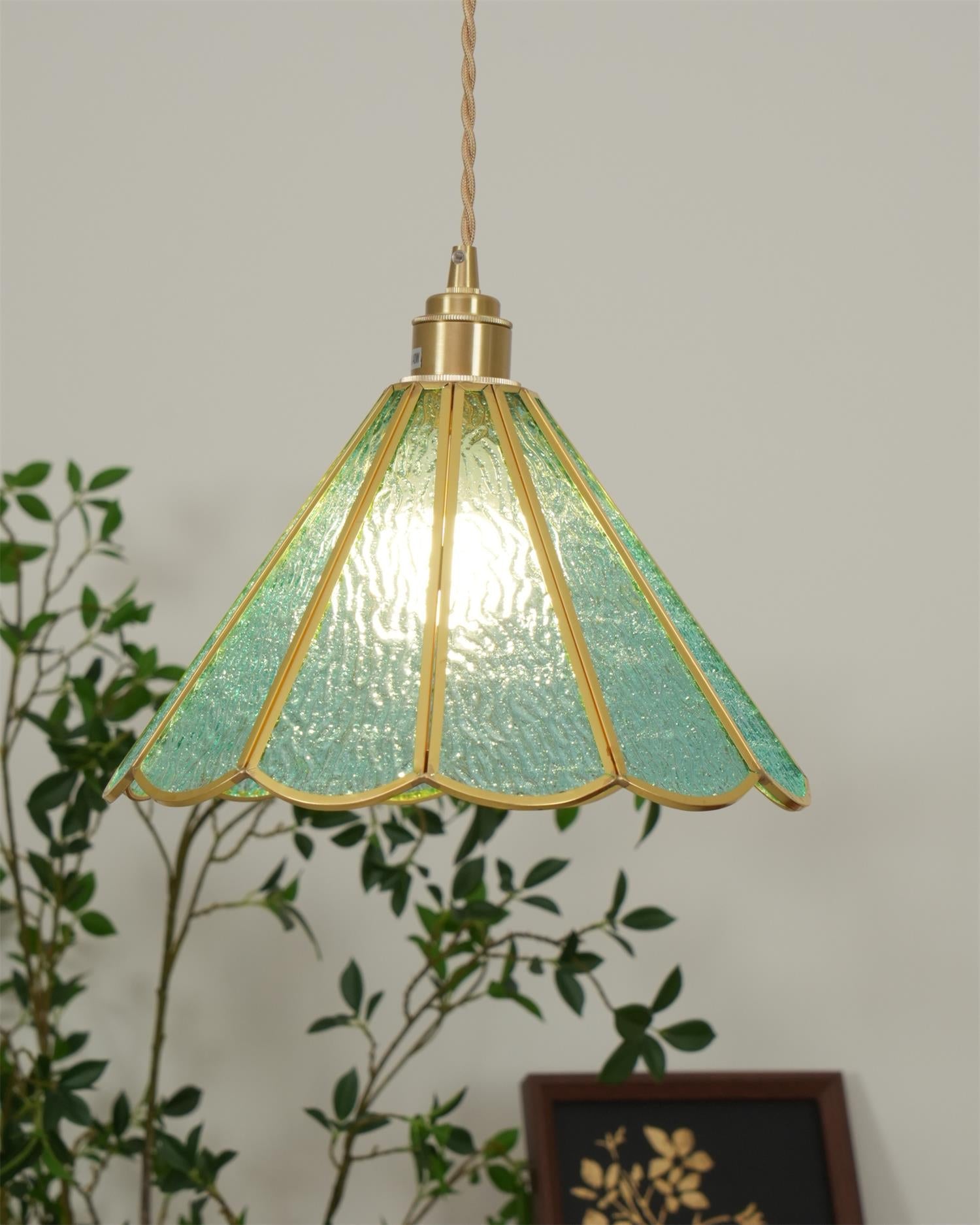 Pendant Lamp Textured Blue Glass Scalloped Brass Art Nouveau - Letslighting