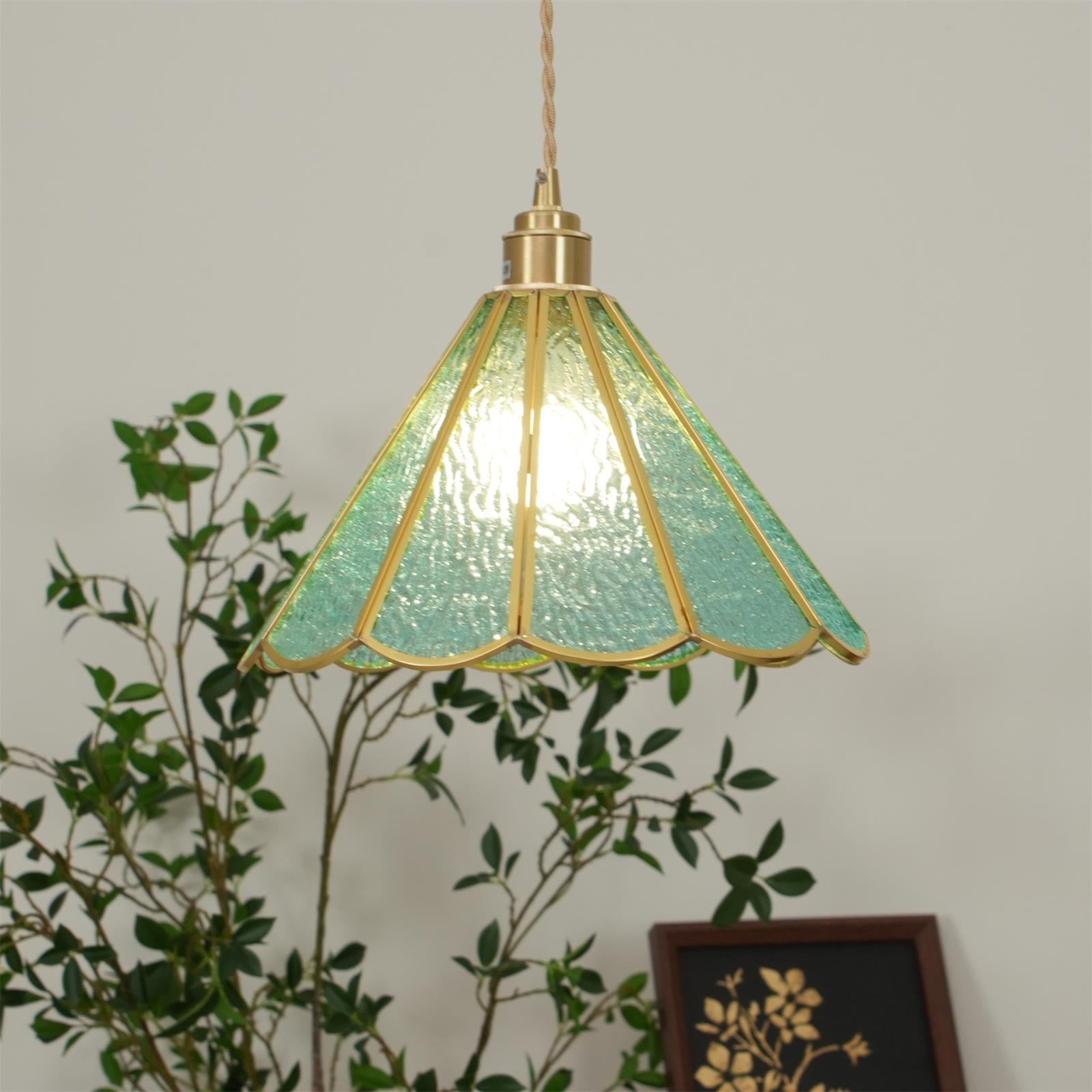 Pendant Lamp Textured Blue Glass Scalloped Brass Art Nouveau - Letslighting