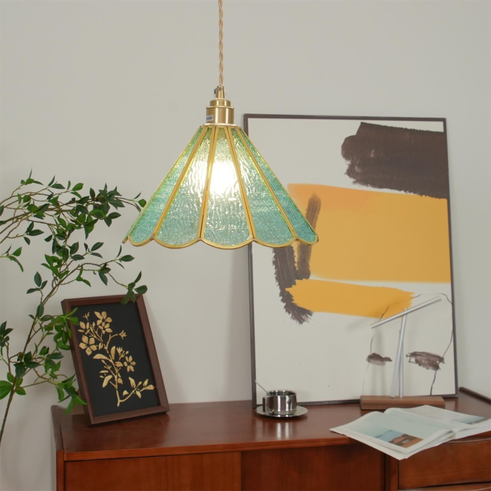 Pendant Lamp Textured Blue Glass Scalloped Brass Art Nouveau - Letslighting