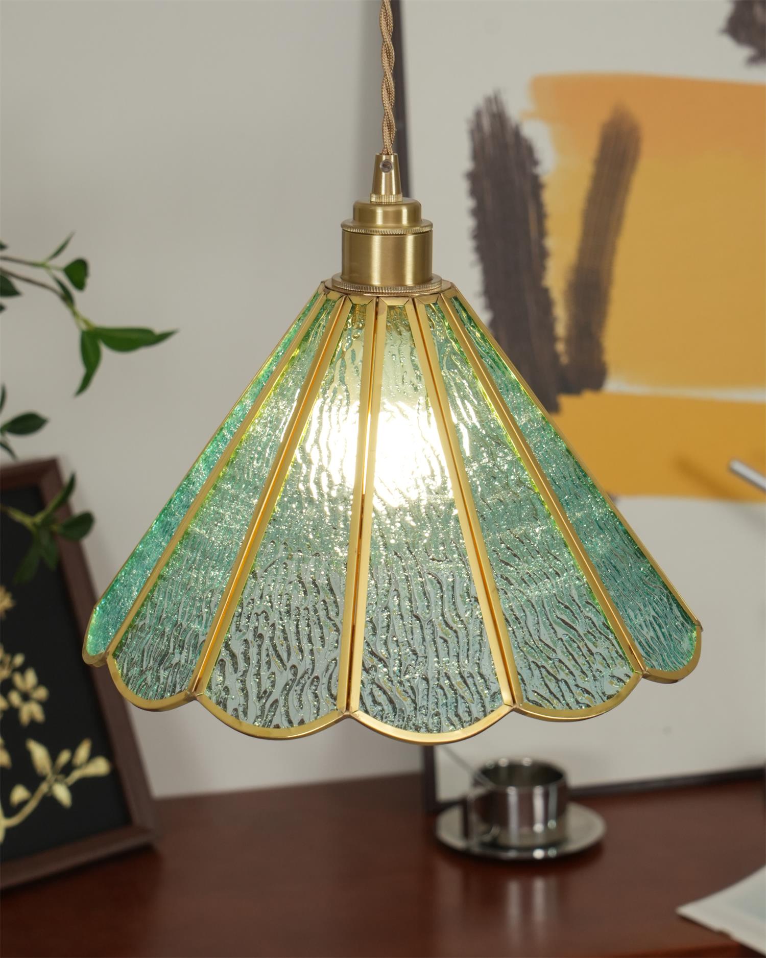 Pendant Lamp Textured Blue Glass Scalloped Brass Art Nouveau - Letslighting