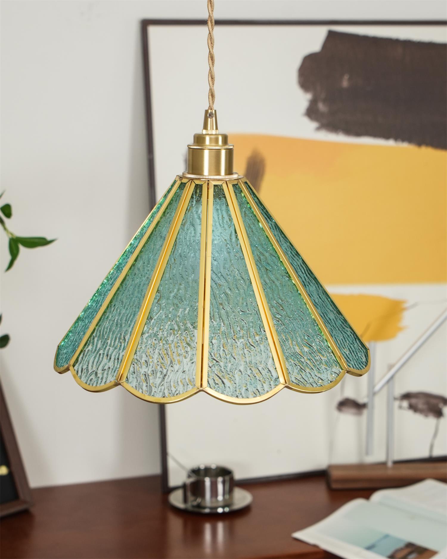 Pendant Lamp Textured Blue Glass Scalloped Brass Art Nouveau - Letslighting