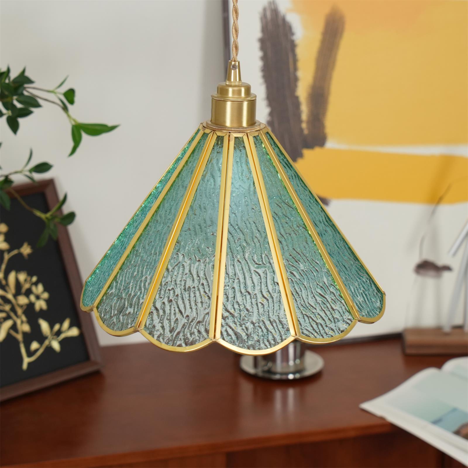 Pendant Lamp Textured Blue Glass Scalloped Brass Art Nouveau - Letslighting