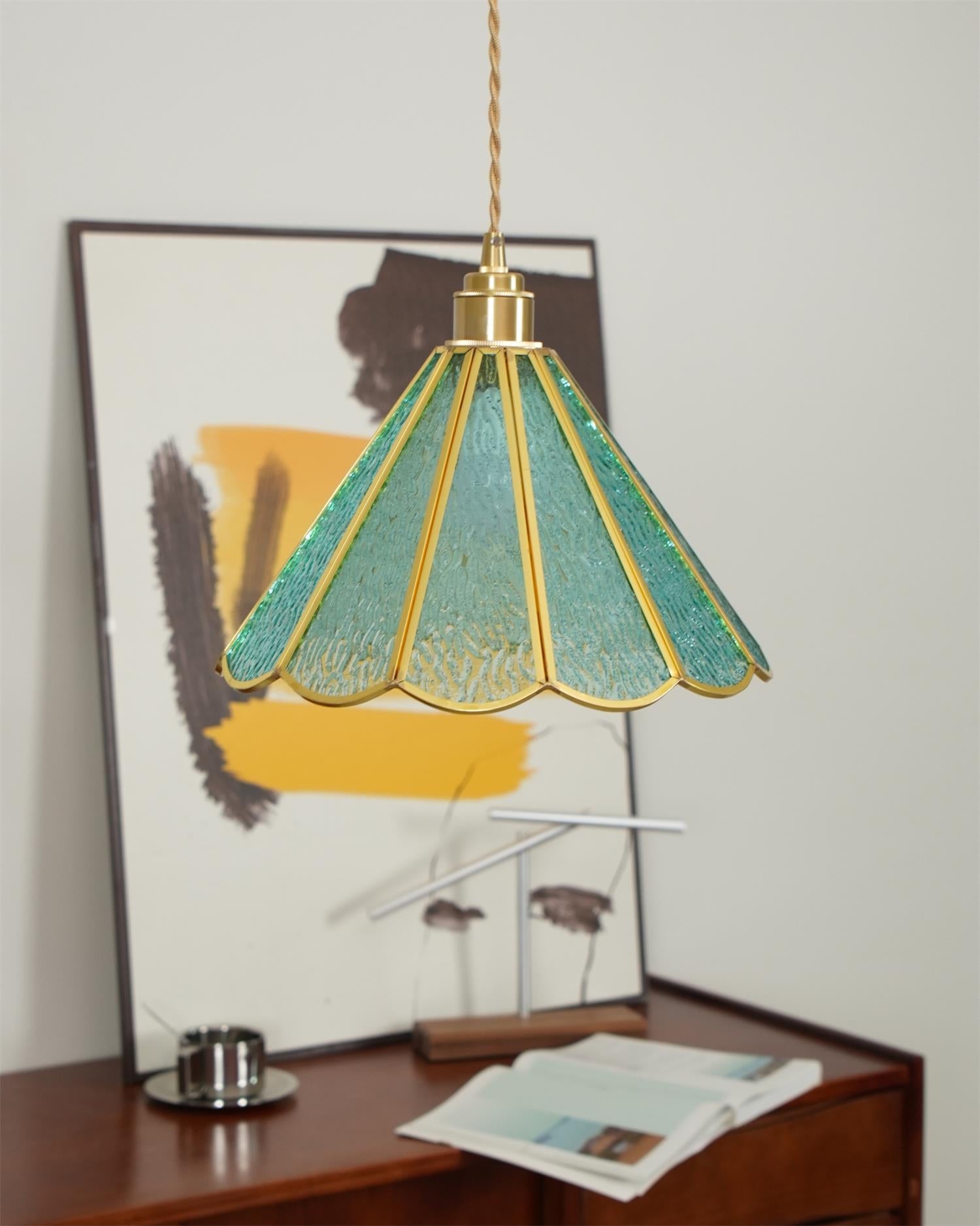 Pendant Lamp Textured Blue Glass Scalloped Brass Art Nouveau - Letslighting
