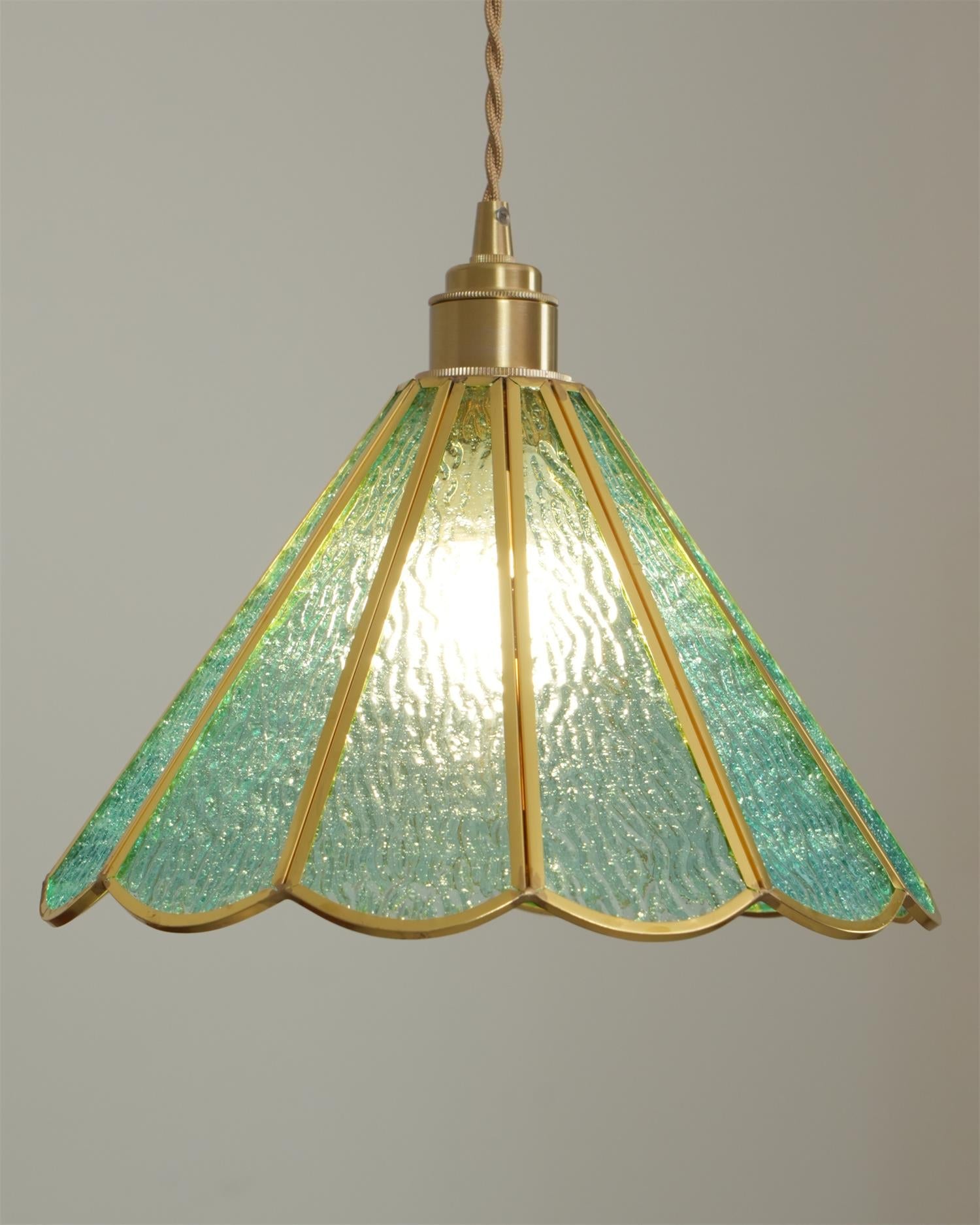 Pendant Lamp Textured Blue Glass Scalloped Brass Art Nouveau - Letslighting