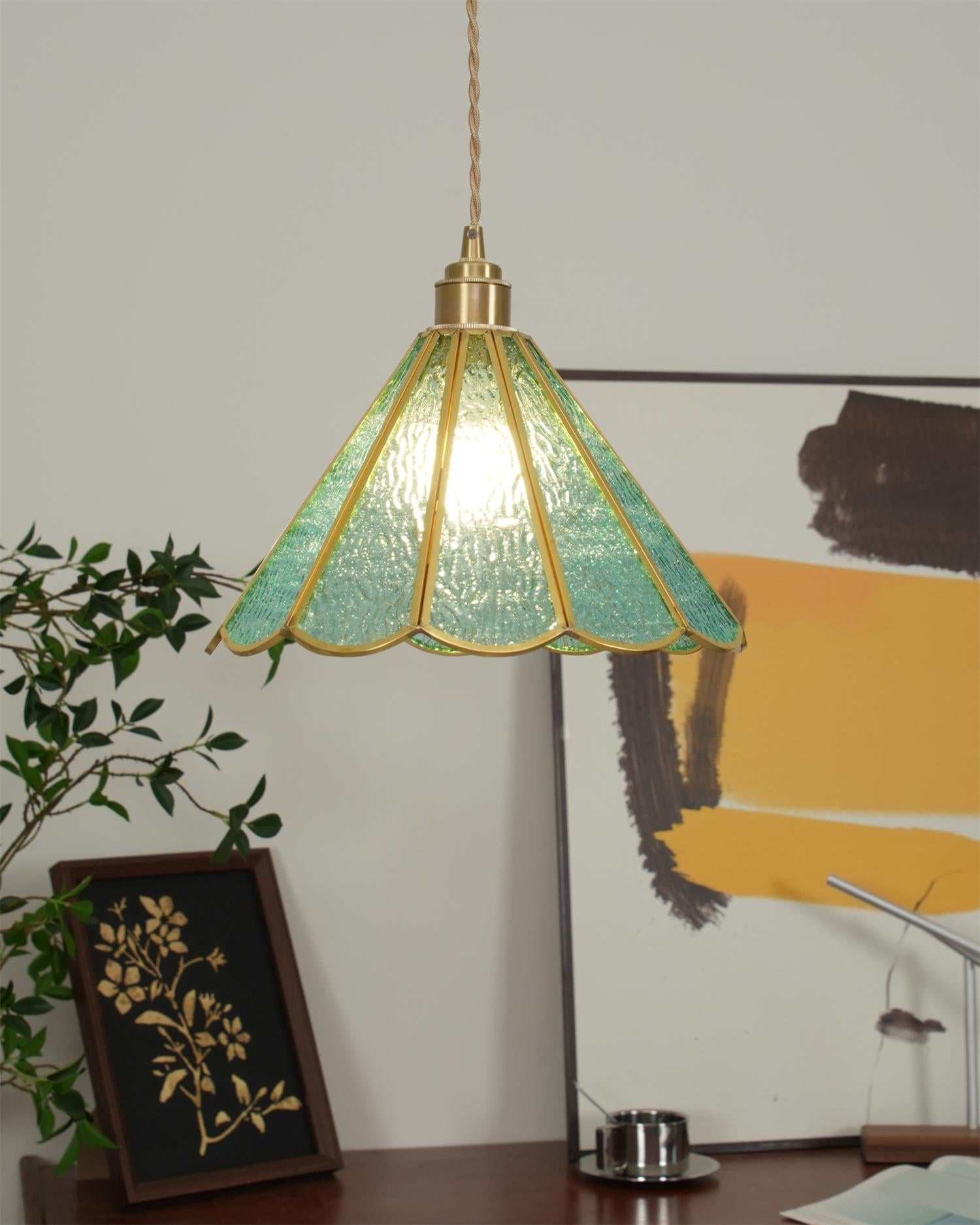 Pendant Lamp Textured Blue Glass Scalloped Brass Art Nouveau - Letslighting