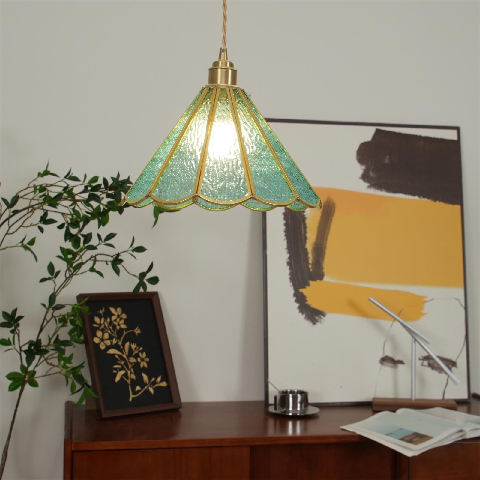 Pendant Lamp Textured Blue Glass Scalloped Brass Art Nouveau - Letslighting