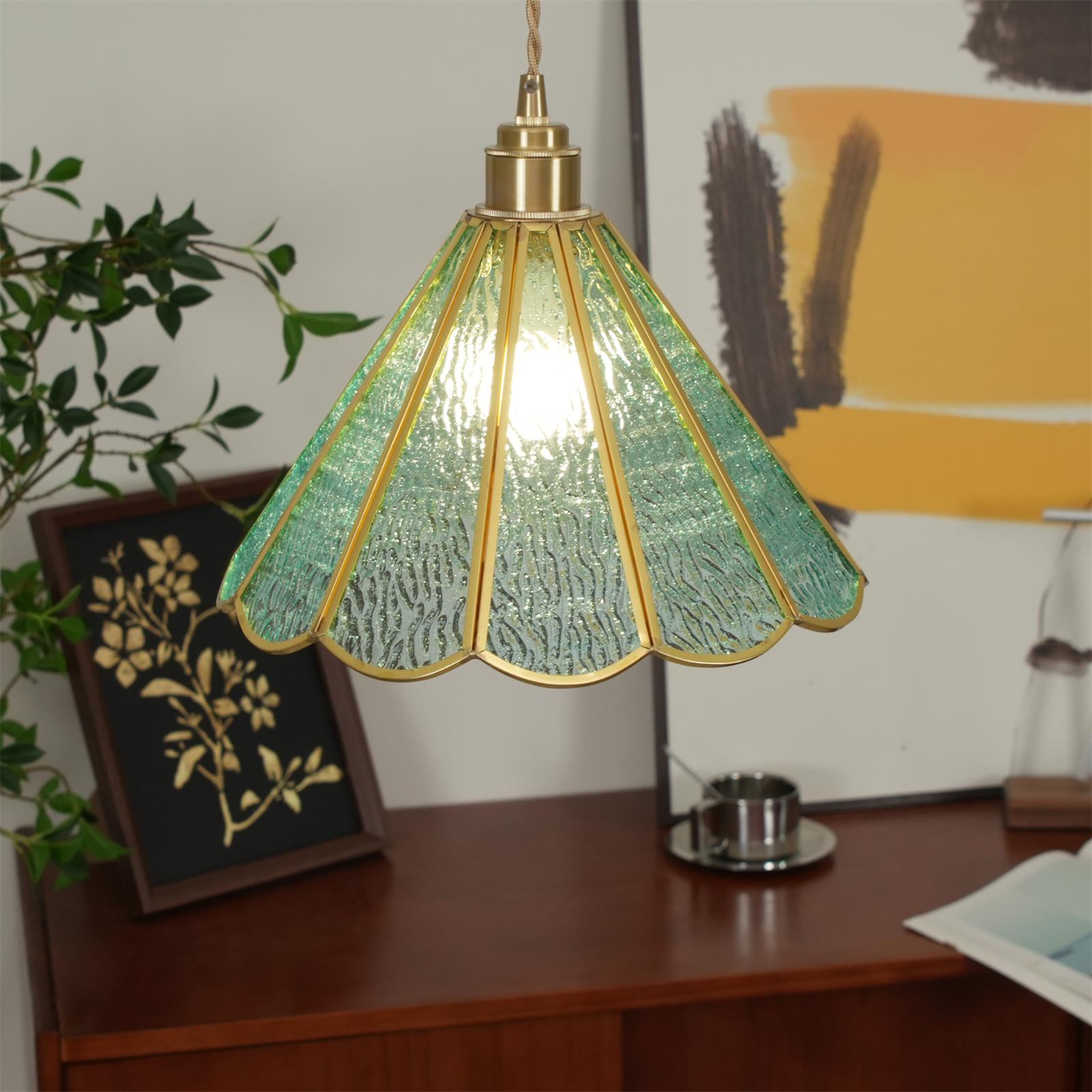 Pendant Lamp Textured Blue Glass Scalloped Brass Art Nouveau - Letslighting