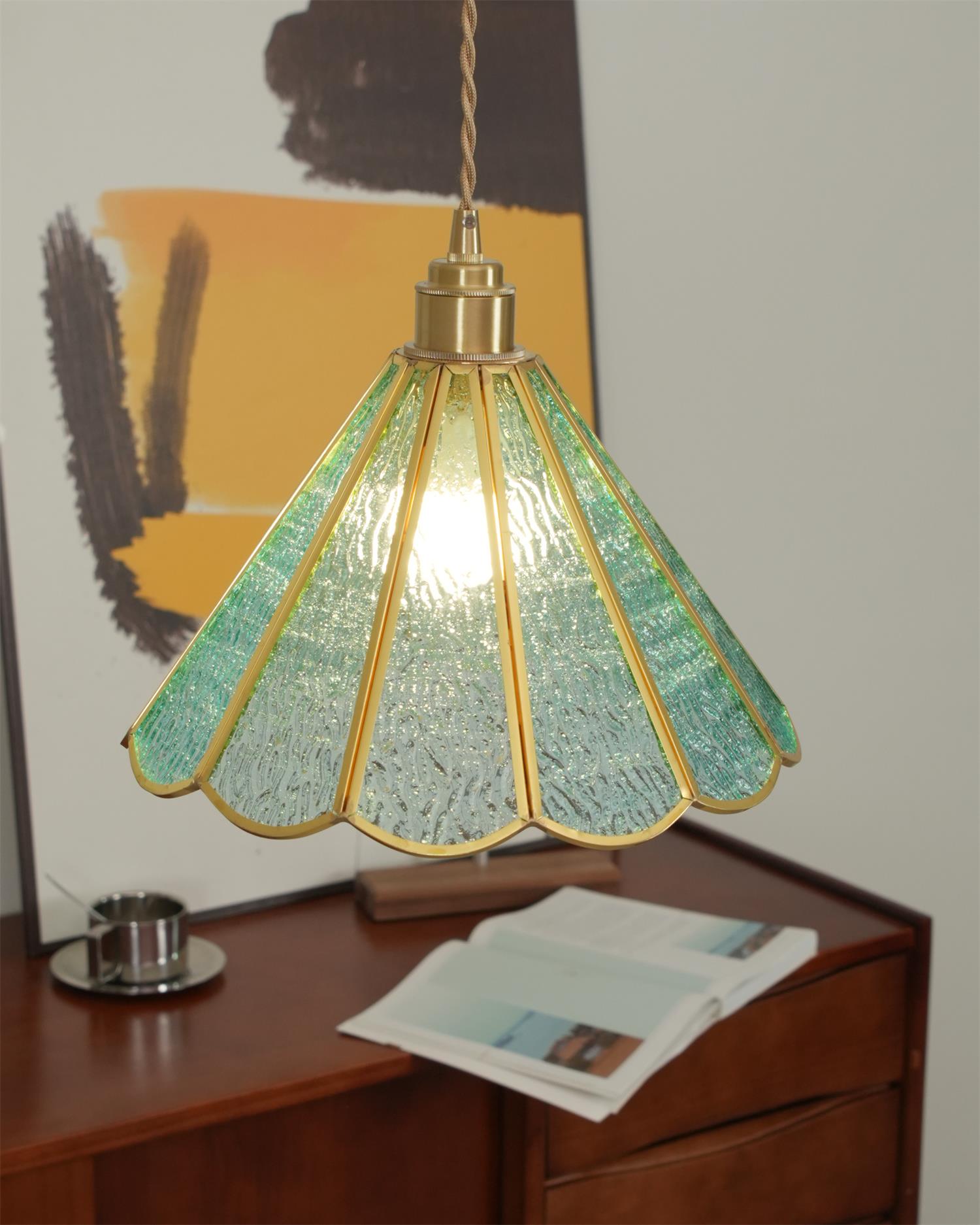 Pendant Lamp Textured Blue Glass Scalloped Brass Art Nouveau - Letslighting