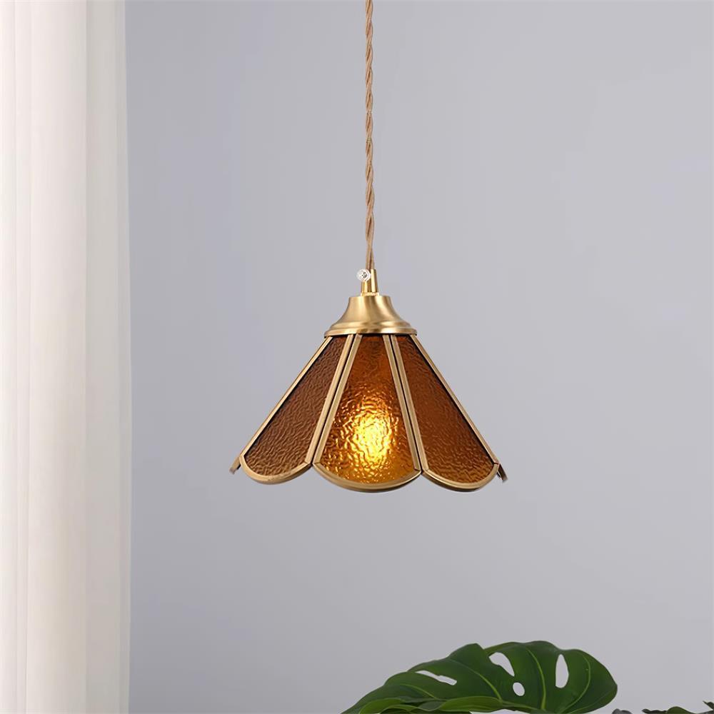 Pendant Lamp Textured Blue Glass Scalloped Brass Art Nouveau - Letslighting