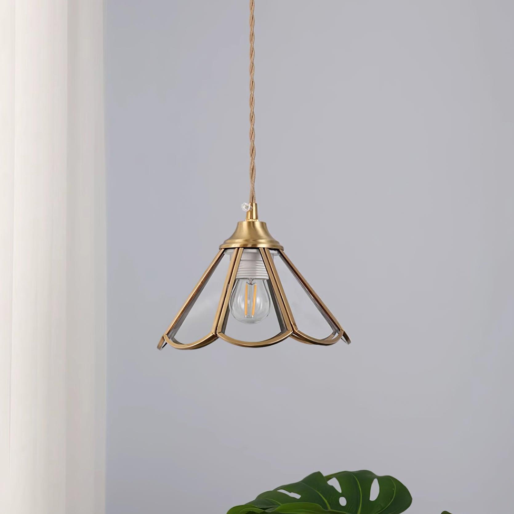 Pendant Lamp Textured Blue Glass Scalloped Brass Art Nouveau - Letslighting