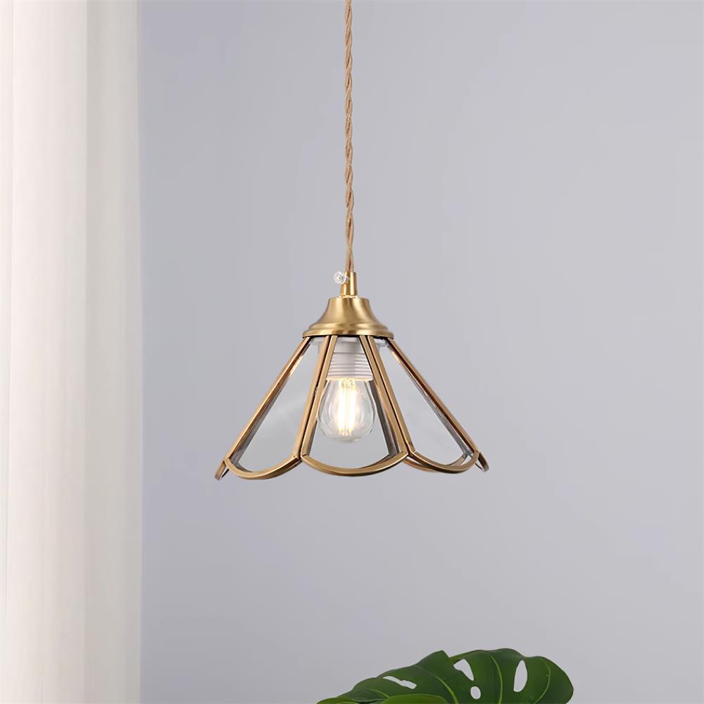Pendant Lamp Textured Blue Glass Scalloped Brass Art Nouveau - Letslighting
