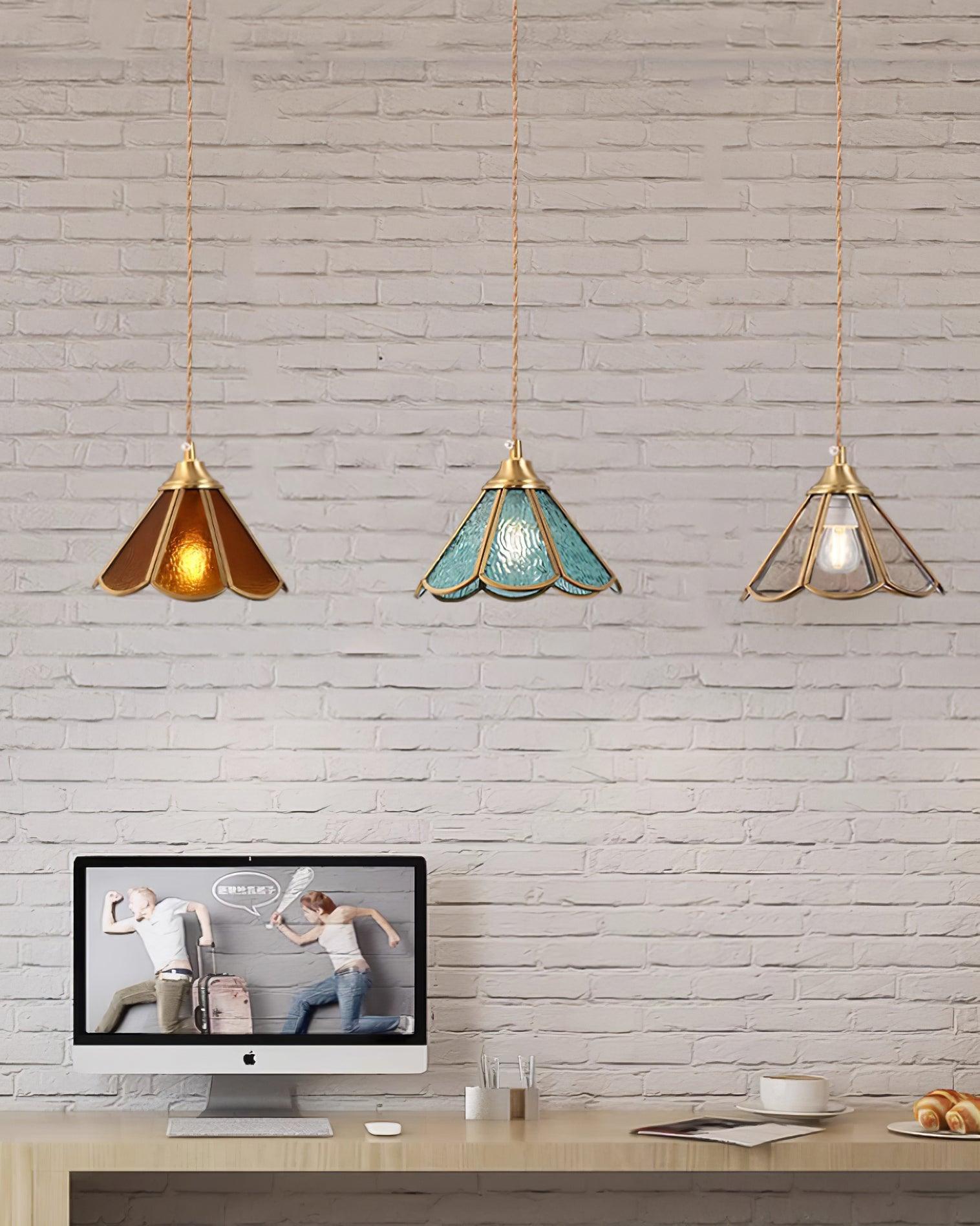 Pendant Lamp Textured Blue Glass Scalloped Brass Art Nouveau - Letslighting