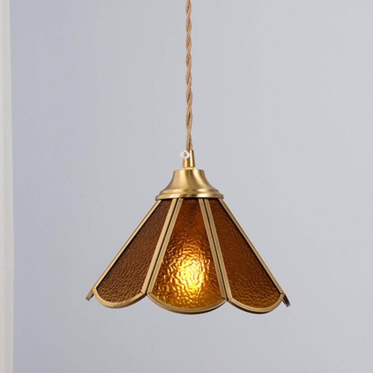 Pendant Lamp Textured Blue Glass Scalloped Brass Art Nouveau - Letslighting