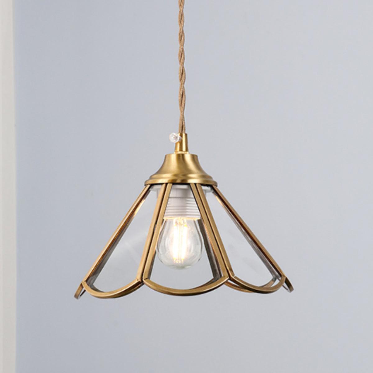 Pendant Lamp Textured Blue Glass Scalloped Brass Art Nouveau - Letslighting