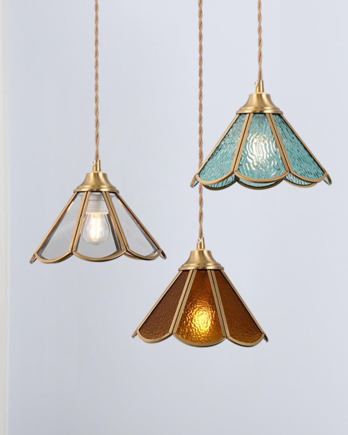 Pendant Lamp Textured Blue Glass Scalloped Brass Art Nouveau - Letslighting