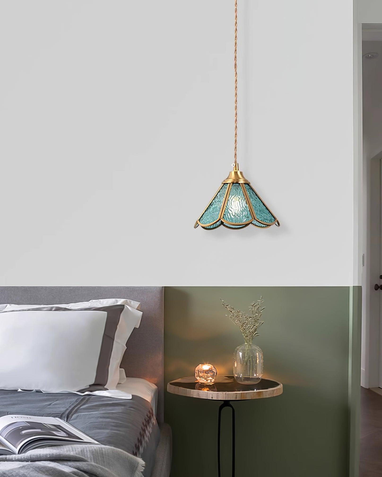 Pendant Lamp Textured Blue Glass Scalloped Brass Art Nouveau - Letslighting