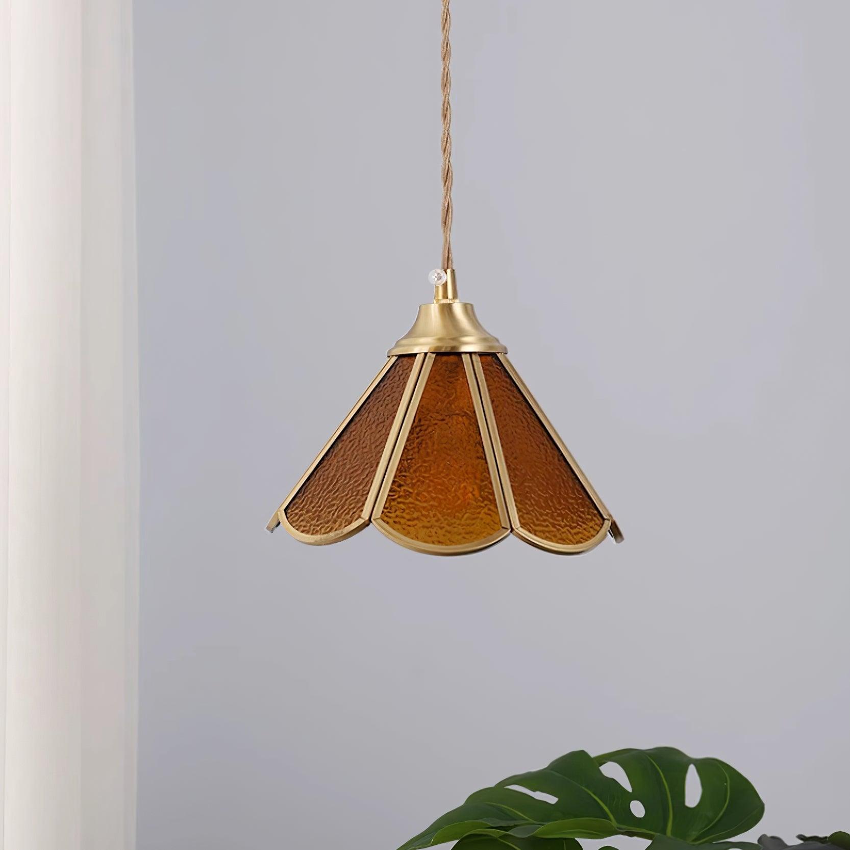 Pendant Lamp Textured Blue Glass Scalloped Brass Art Nouveau - Letslighting