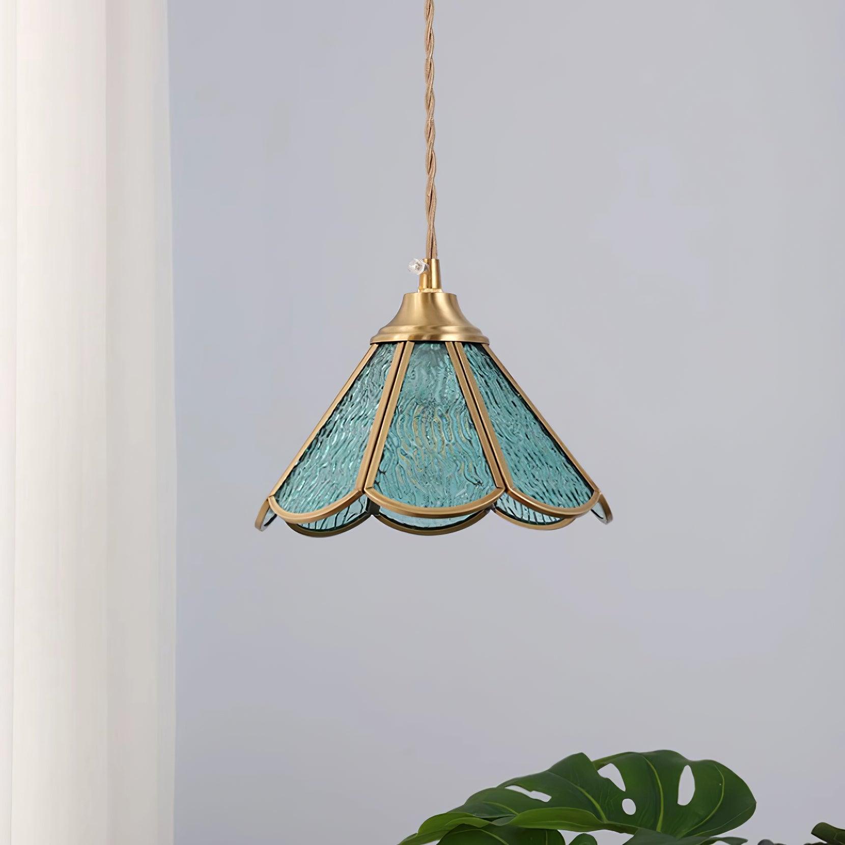 Pendant Lamp Textured Blue Glass Scalloped Brass Art Nouveau - Letslighting