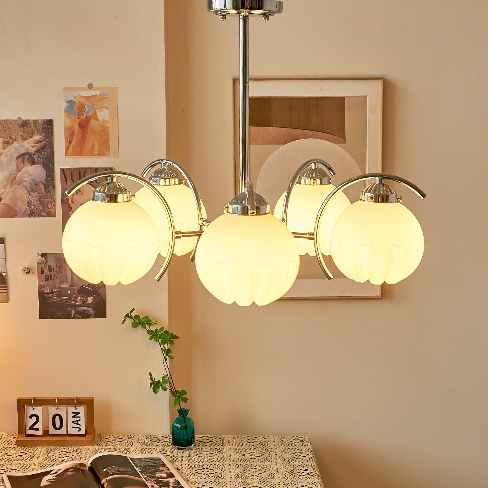Chandelier Chrome Curved Arms with Frosted Globe Shades - Letslighting