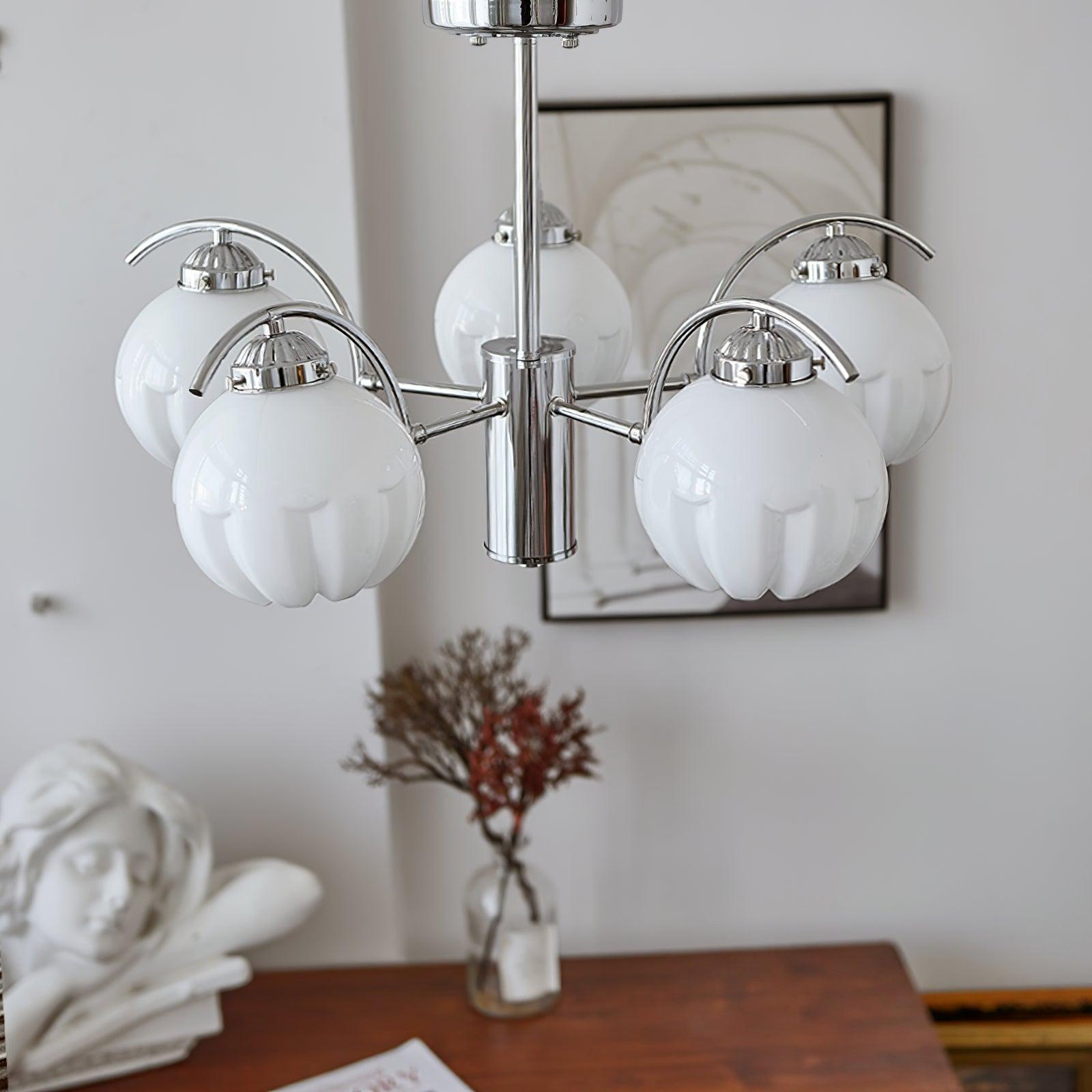 Chandelier Chrome Curved Arms with Frosted Globe Shades - Letslighting
