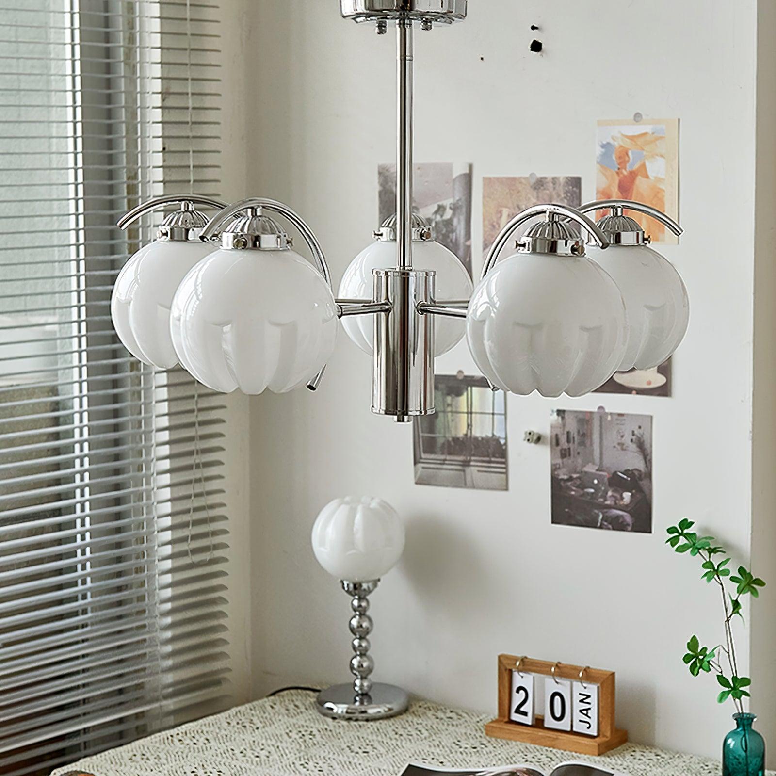 Chandelier Chrome Curved Arms with Frosted Globe Shades - Letslighting