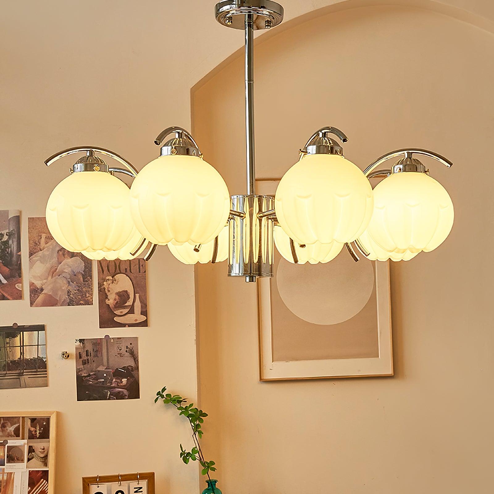 Chandelier Chrome Curved Arms with Frosted Globe Shades - Letslighting