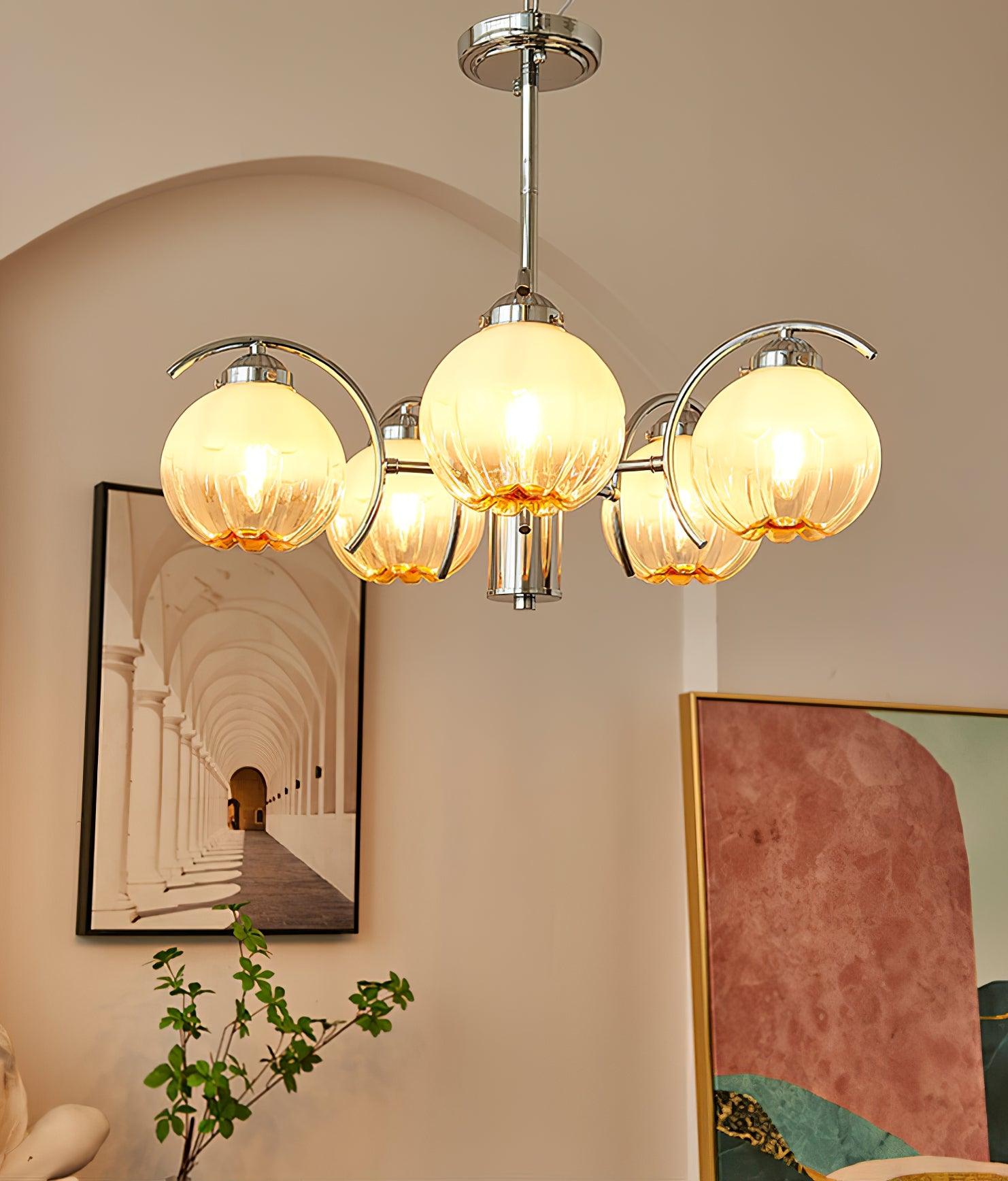 Chandelier Chrome Curved Arms with Frosted Globe Shades - Letslighting