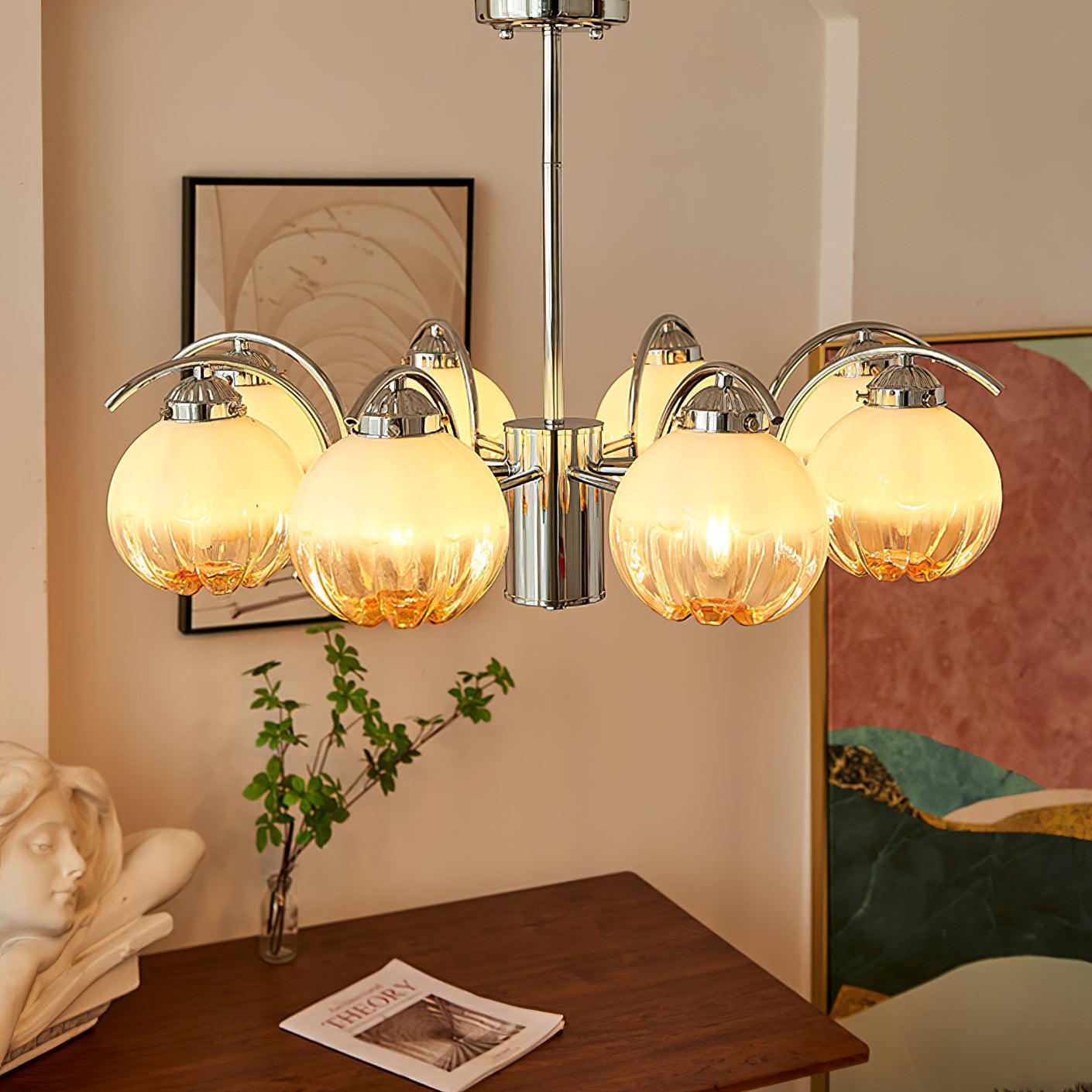 Chandelier Chrome Curved Arms with Frosted Globe Shades - Letslighting