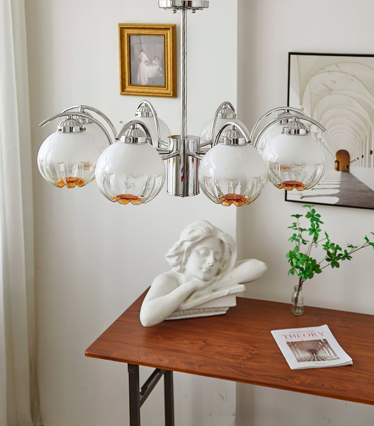 Chandelier Chrome Curved Arms with Frosted Globe Shades - Letslighting