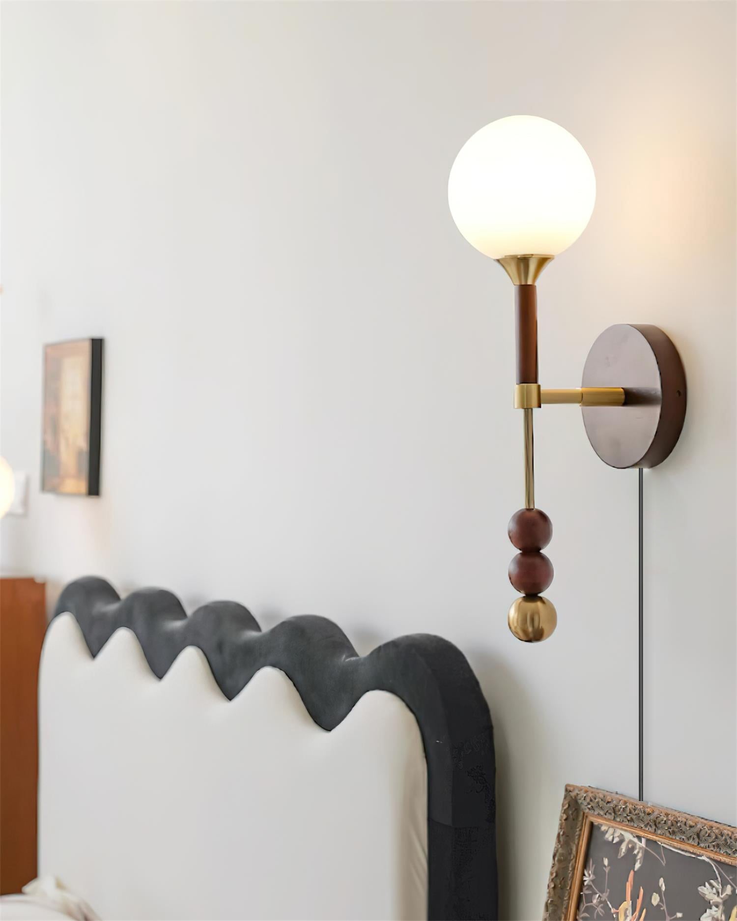 Wall Lamp with Glass Globe and Walnut Wood Accents Plug-In - Letslighting