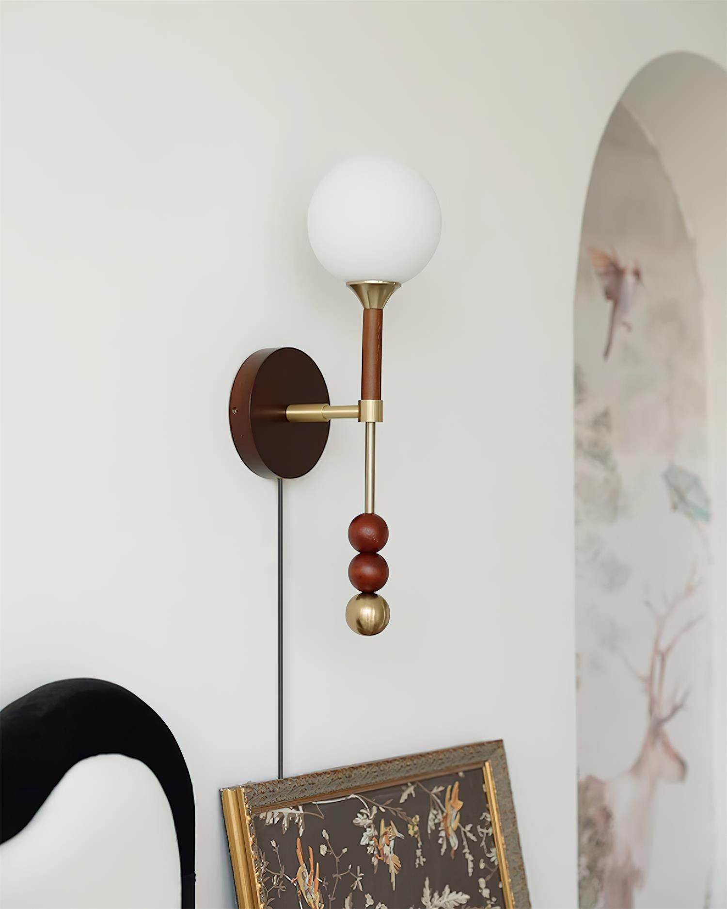 Wall Lamp with Glass Globe and Walnut Wood Accents Plug-In - Letslighting